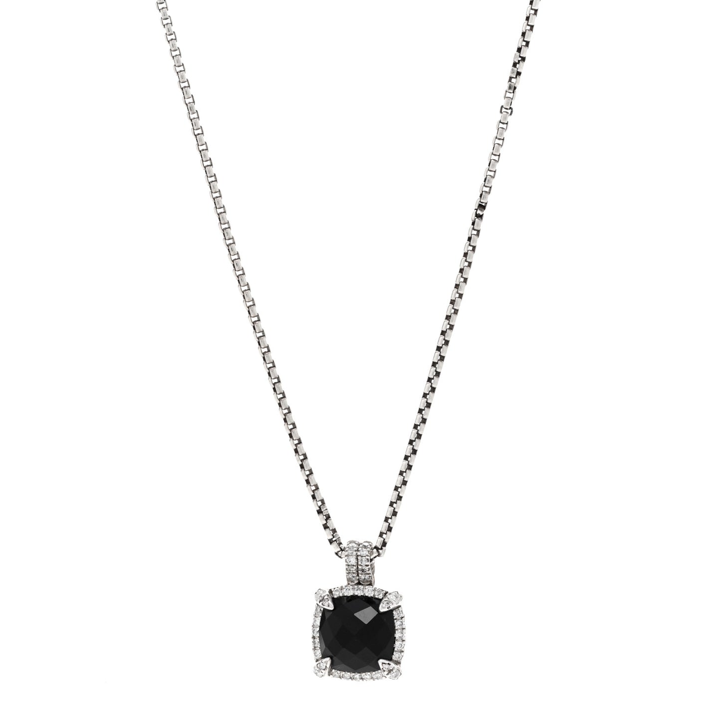 Sterling Silver Diamond Black Onyx 9mm Chatelaine Pave Bezel Pendant Necklace