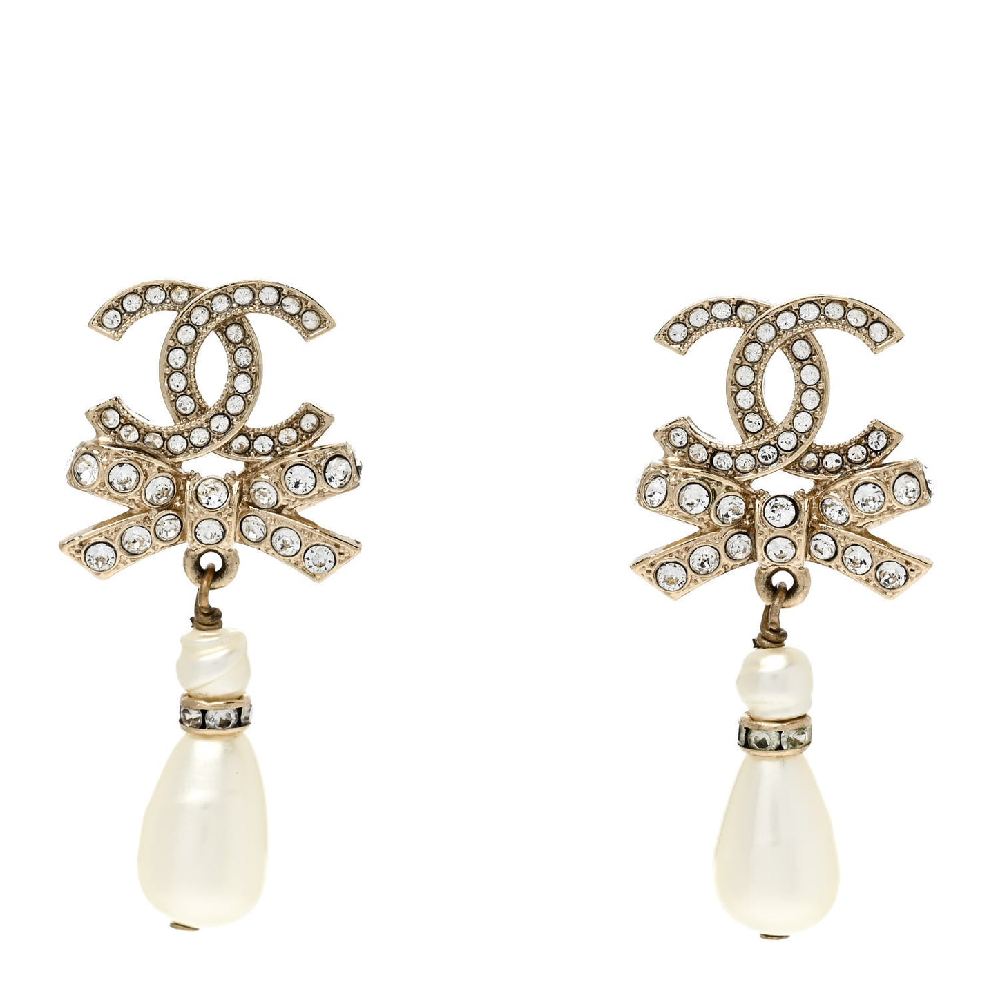 Crystal CC Bow Pearl Drop Earrings Gold Pearly White