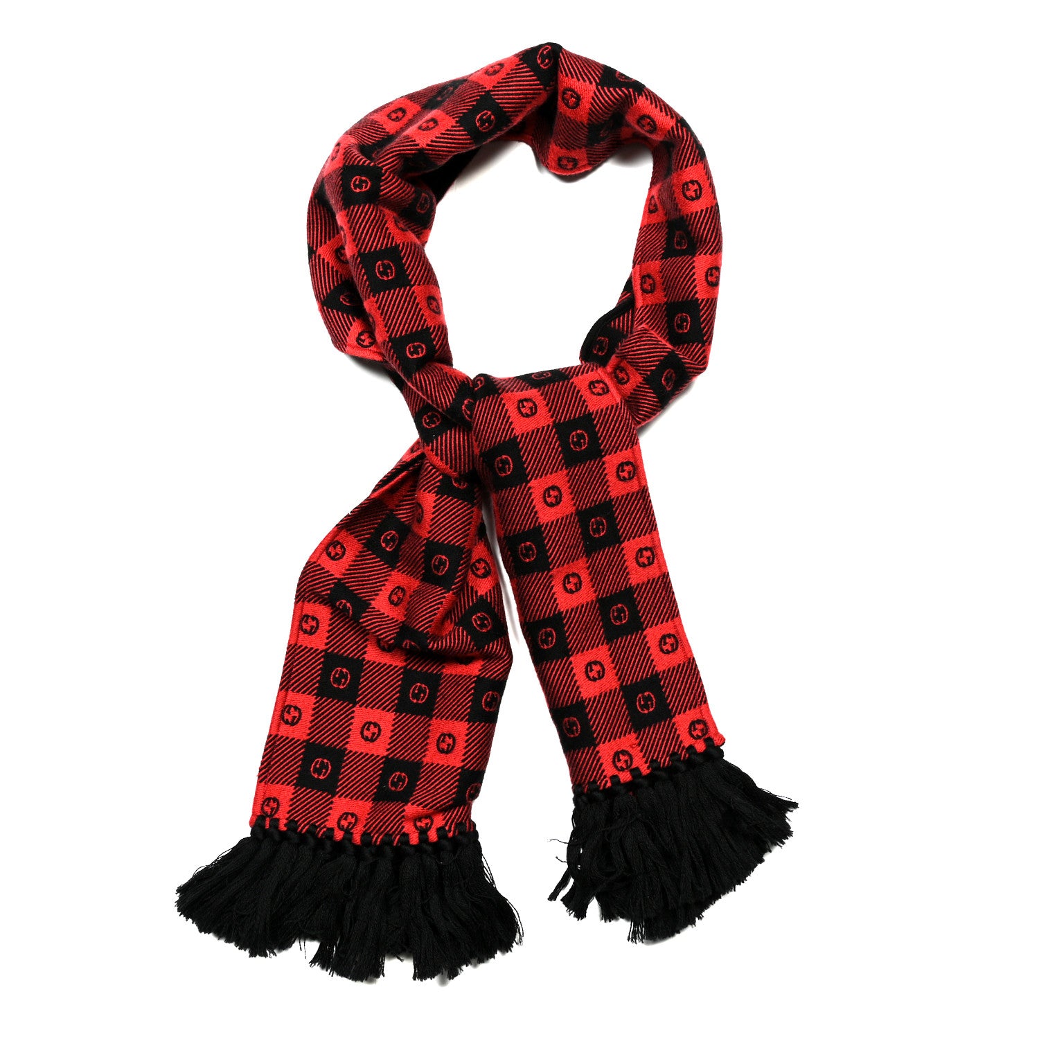 Gucci Wool Cotton Interlocking G Scarf Black Red 1 of 3