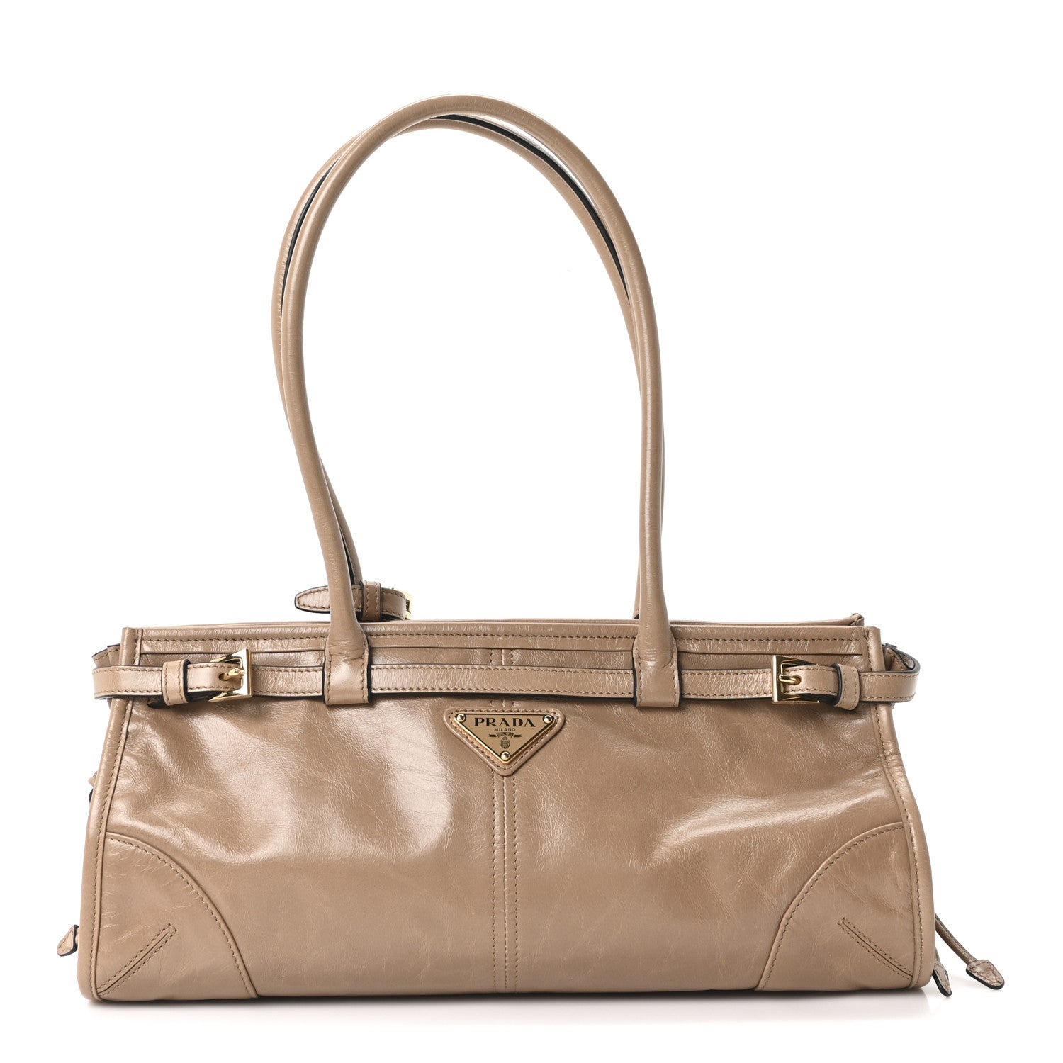 Prada Glossy Calfskin Triangle Medium Bonnie Shoulder Bag Cameo