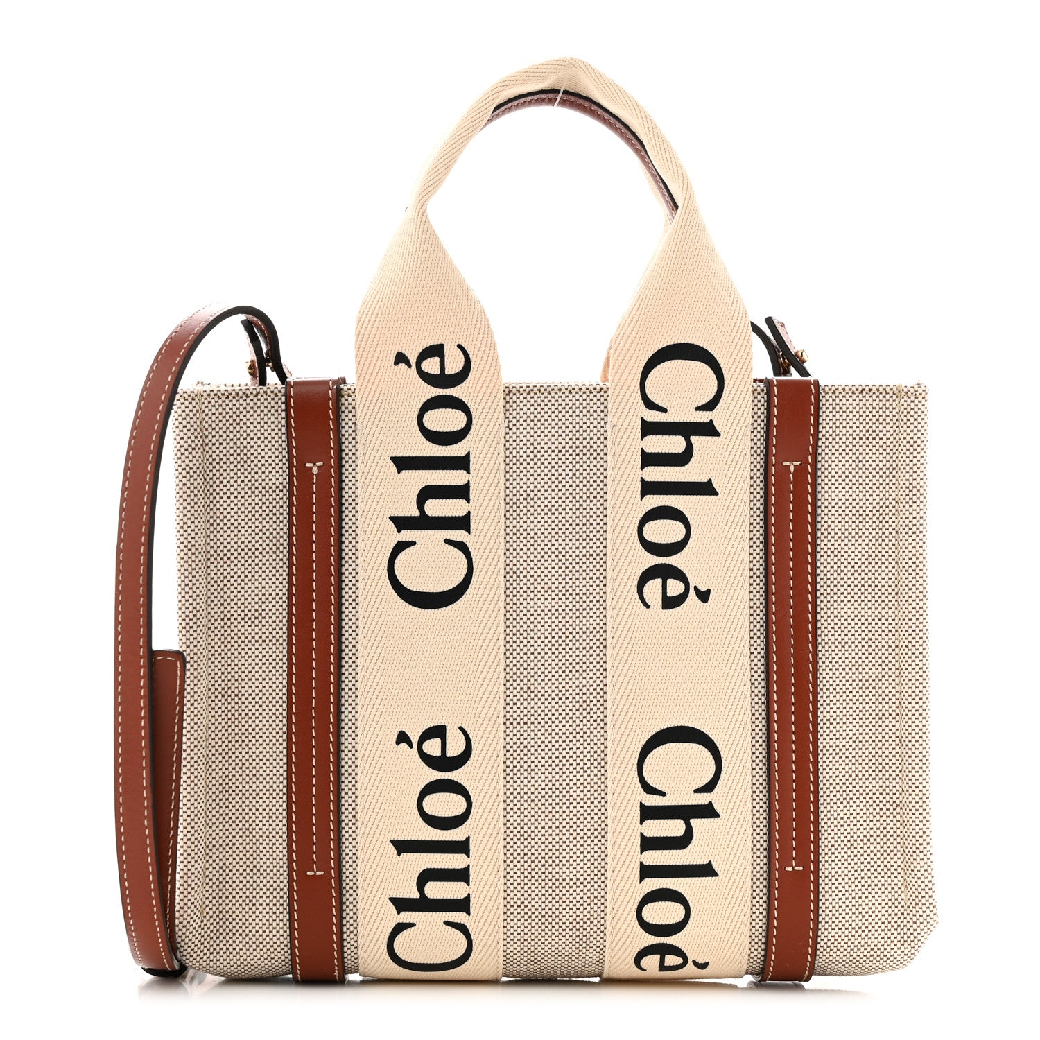 Chloe Cotton Calfskin Small Woody Ribbon Tote With Strap White Brown 1 of 10