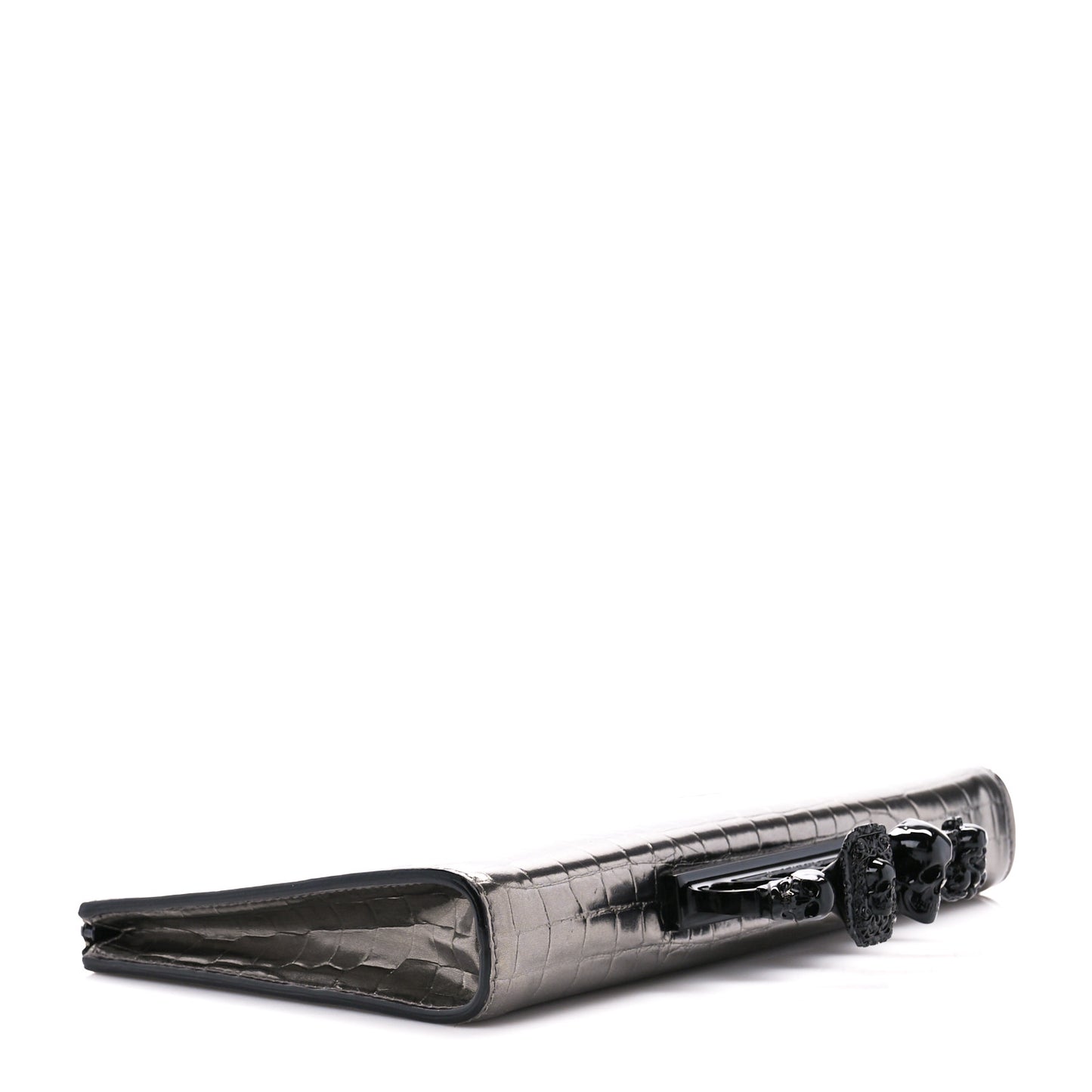 Metallic Calfskin Crocodile Embossed Knuckle Flat Zip Clutch Silver