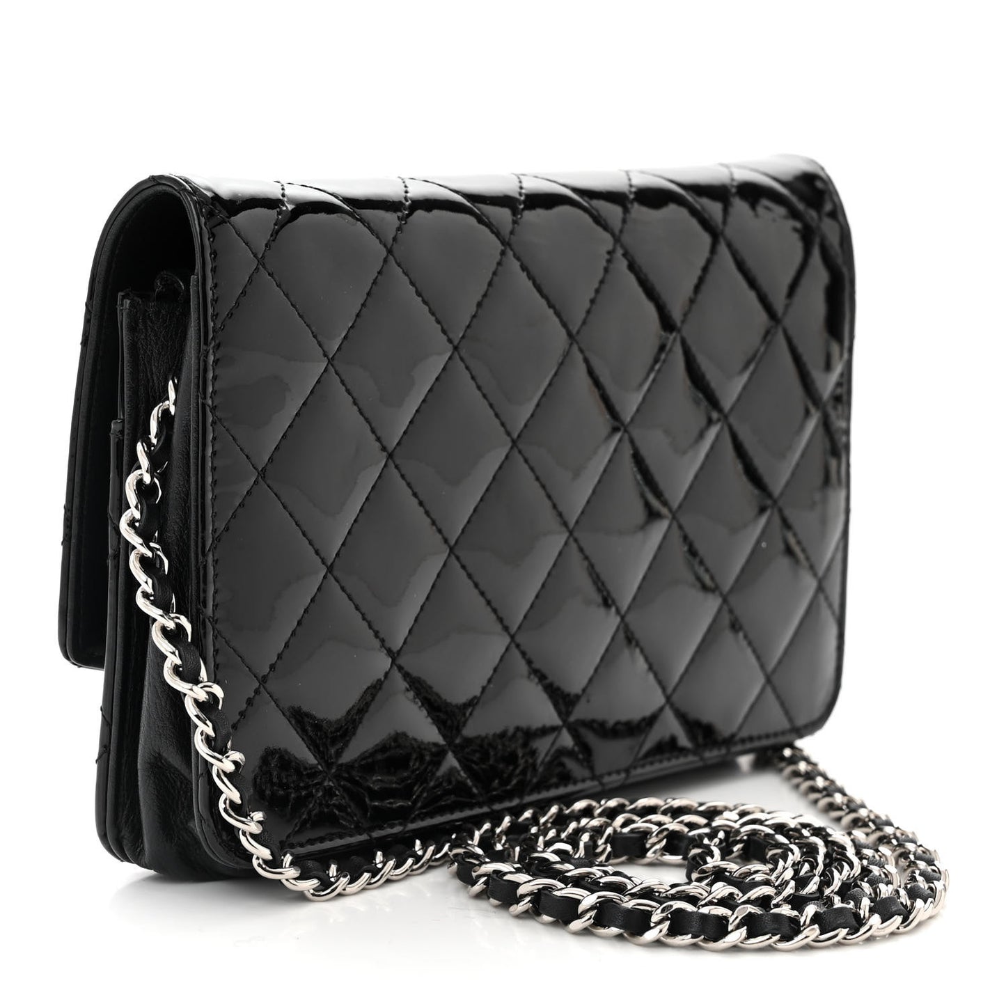 Patent Quilted Brilliant Wallet On Chain WOC Black