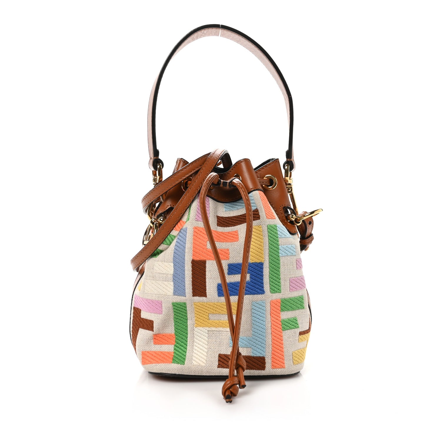 Kuban Canvas Vitello King F is Fendi FF Embroidered Mini Mon Tresor Bucket Bag Multicolor Cuoio