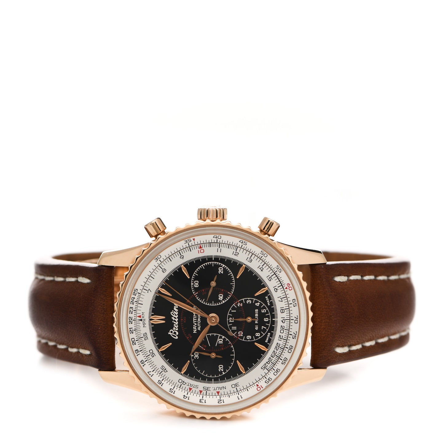 18K Rose Gold Calfskin 38mm Navitimer Montbrillant Chronograph Automatic Watch Black H30030.1