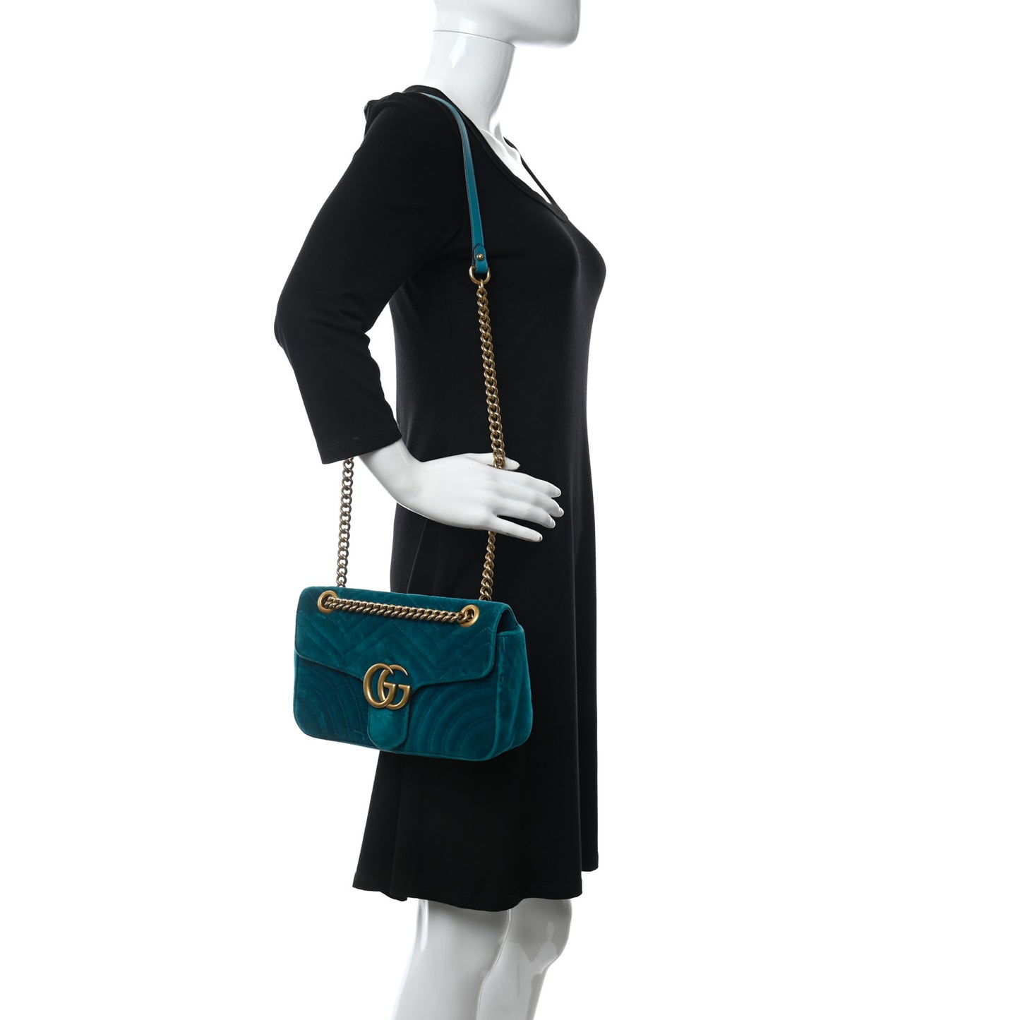 Velvet Matelasse Small GG Marmont Shoulder Bag Pavone Cyan