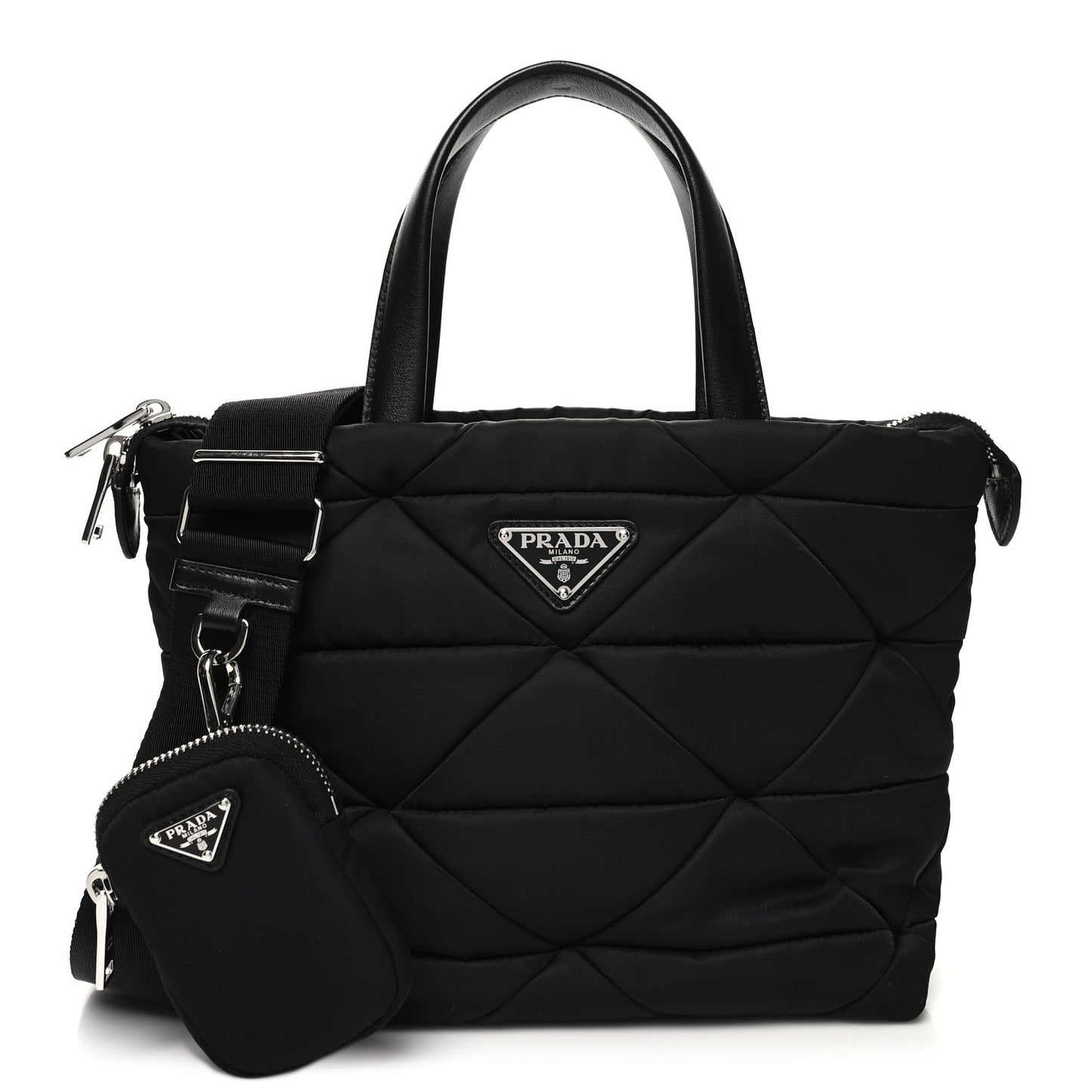 Re-Nylon Nappa Triangle Quilted Padded Double Handled Zip Pocket Tote Black