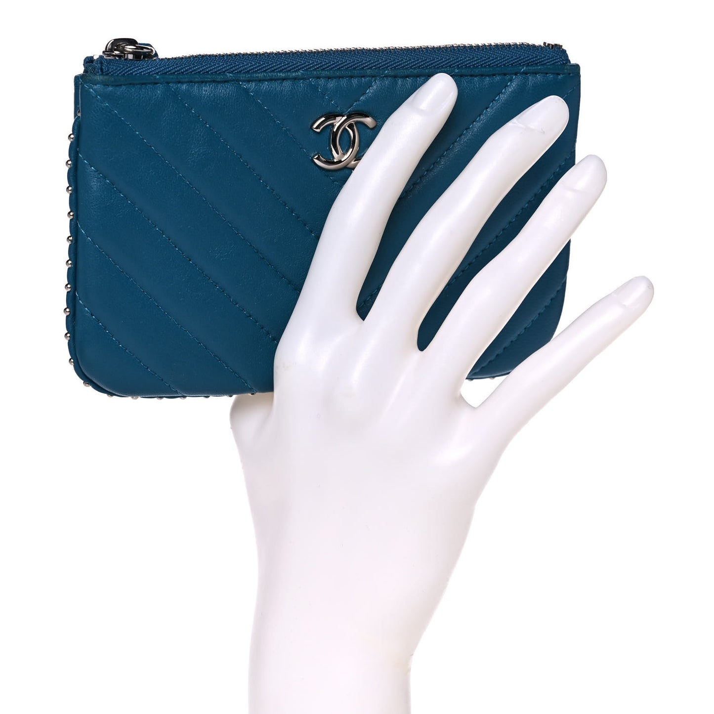 Lambskin Chevron Quilted Studded Small Cosmetic Case Blue