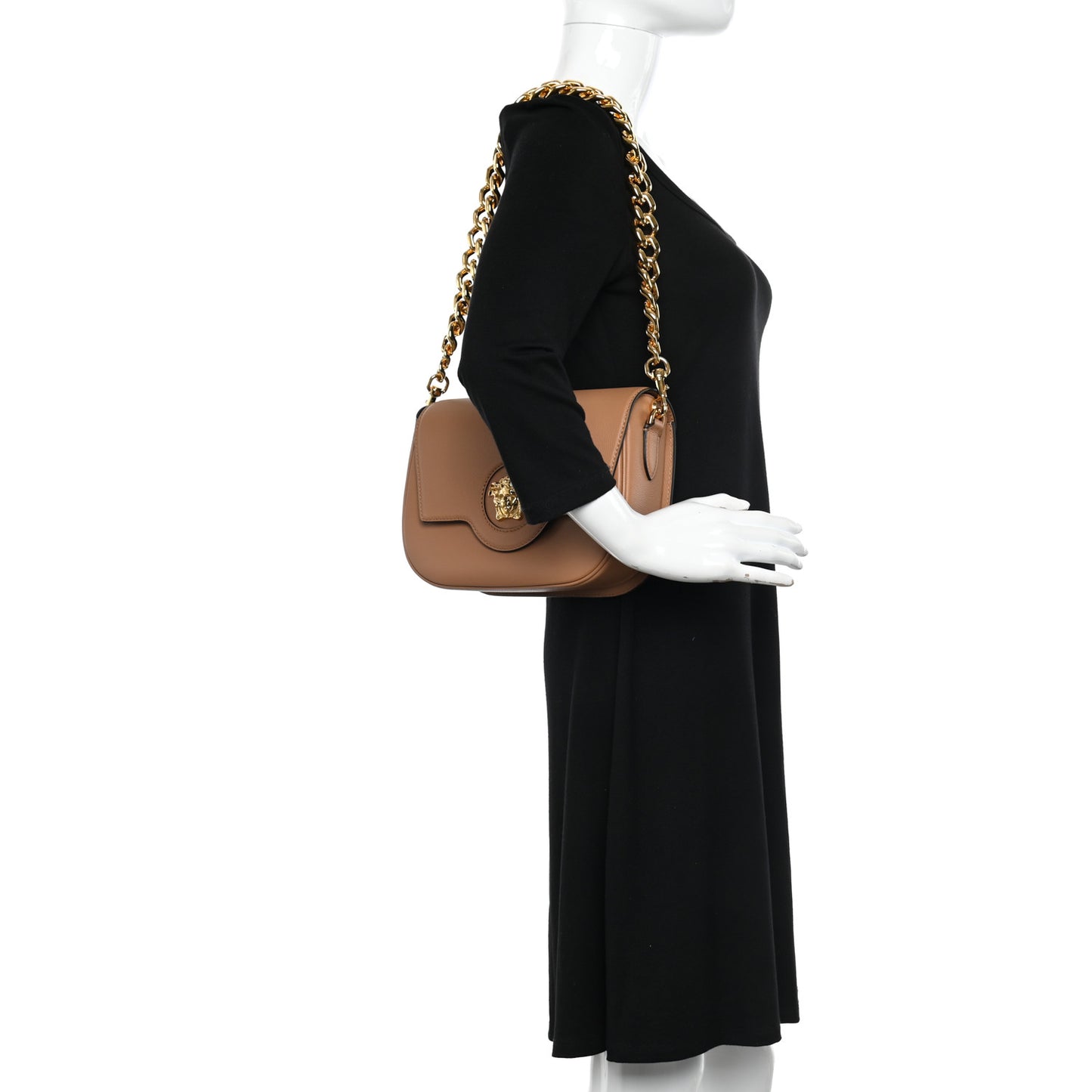 Grained Calfskin La Medusa Chain Clutch Bag Brown