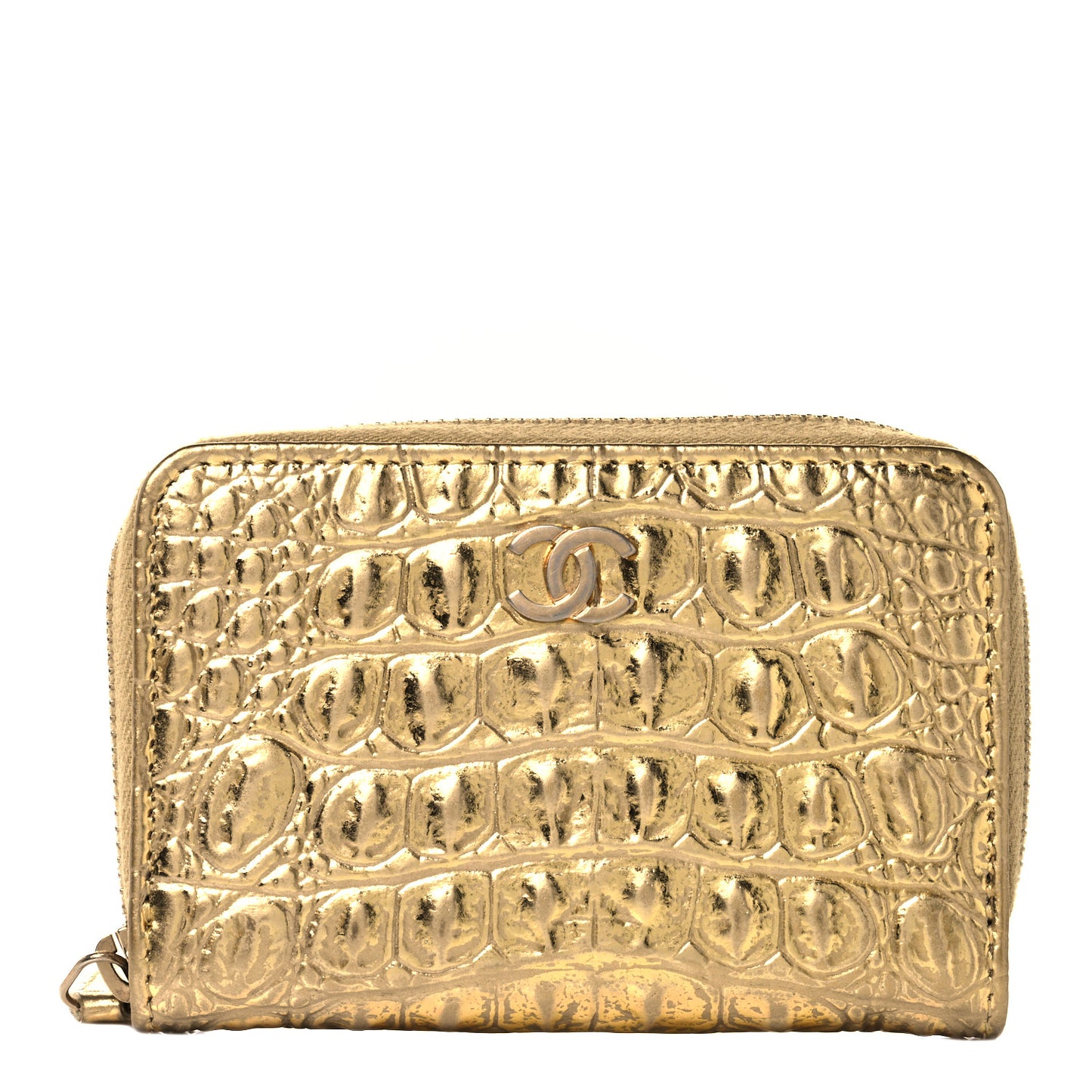 Metallic Calfskin Crocodile Embossed Cocodile Zip Coin Case Gold