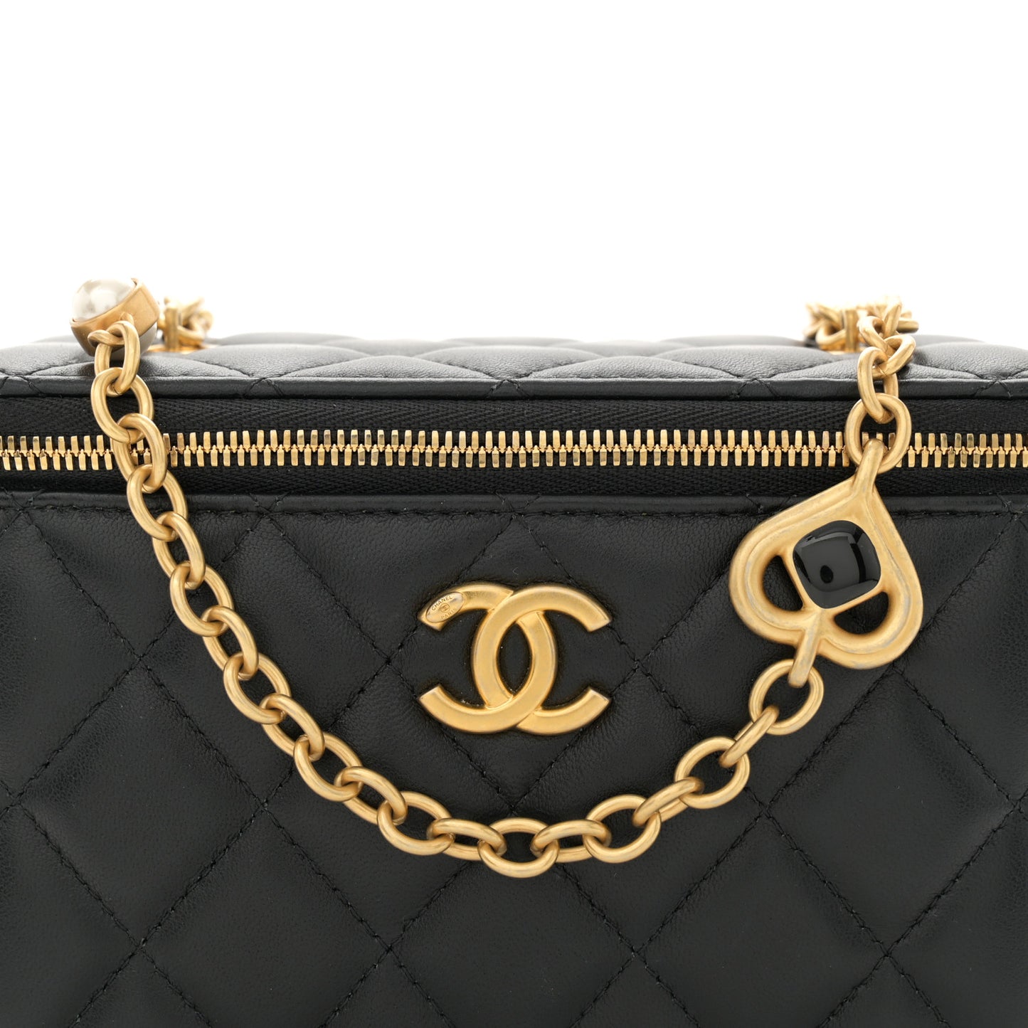 Lambskin Enamel Pearl Quilted Small Charm Me Vanity Case With Chain Black