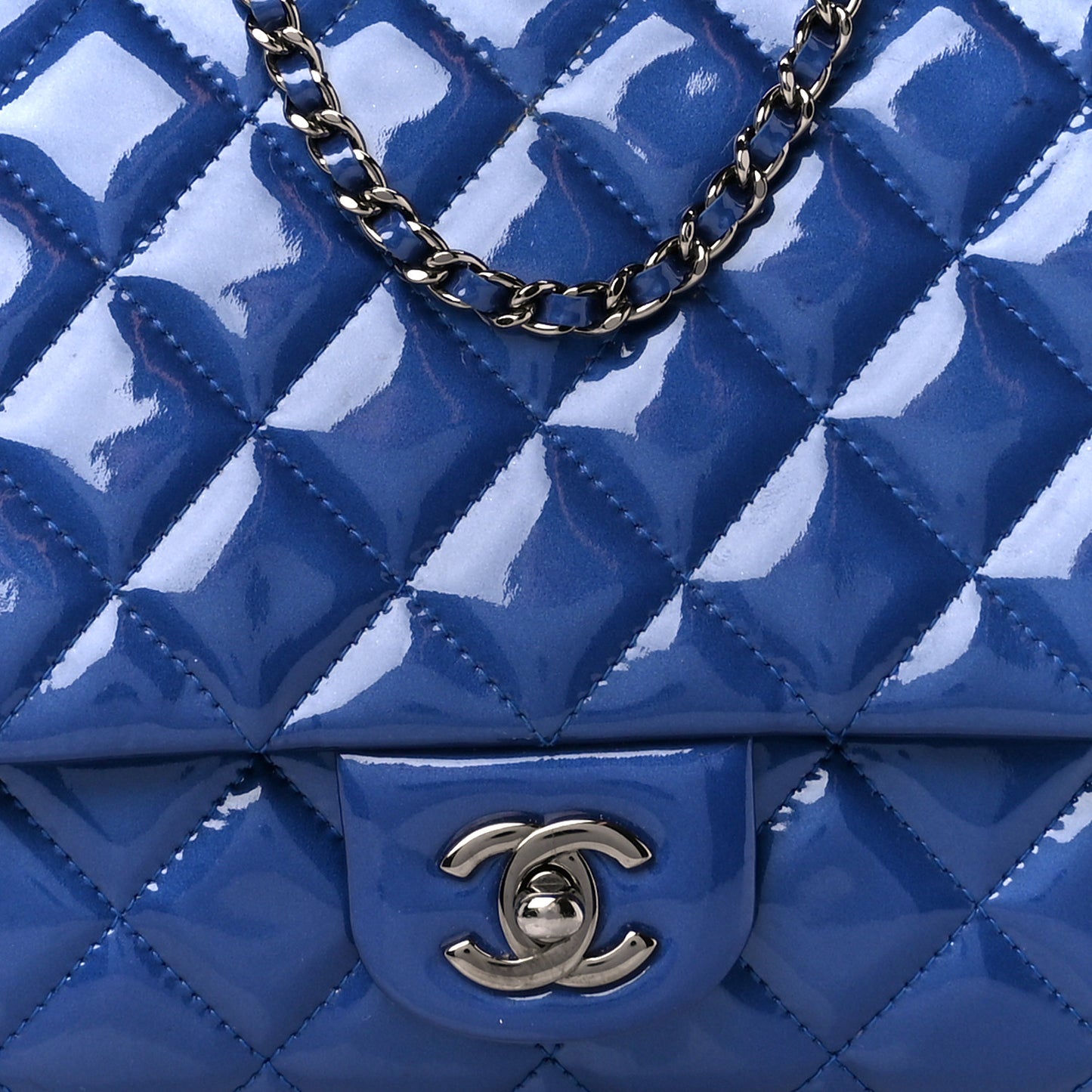 Patent Quilted Clutch with Chain Flap Blue