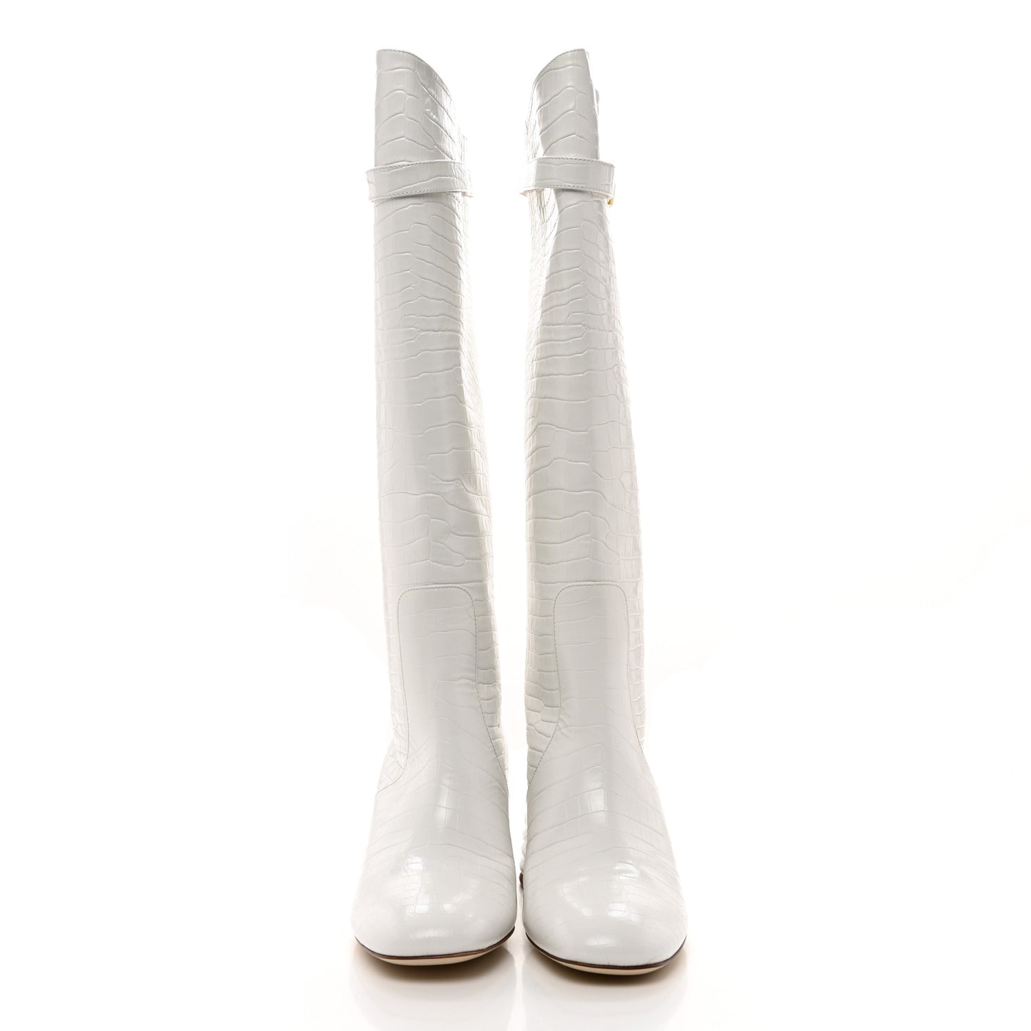 Calfskin Crocodile Embossed Knee High Block Heel Boots 35.5 White