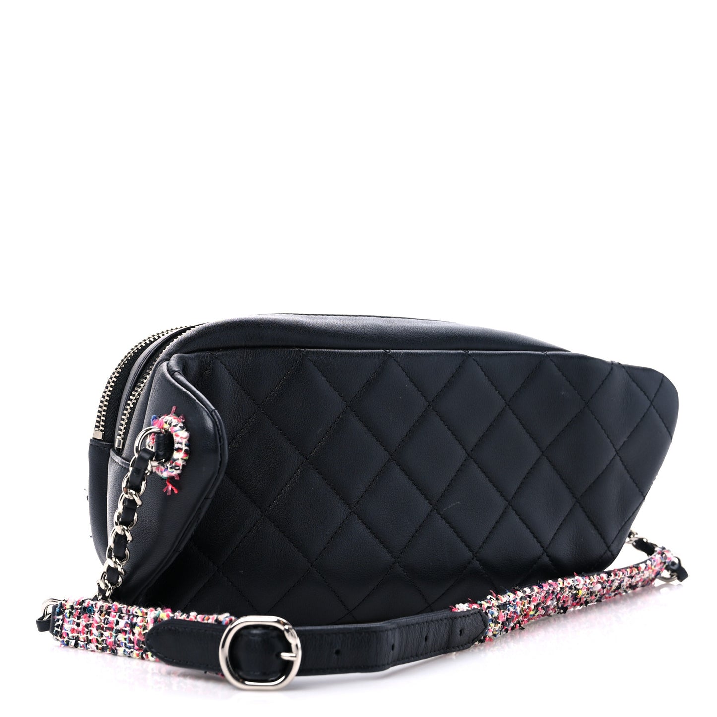 Lambskin Tweed Quilted Elegant Trim Waist Belt Bag Black
