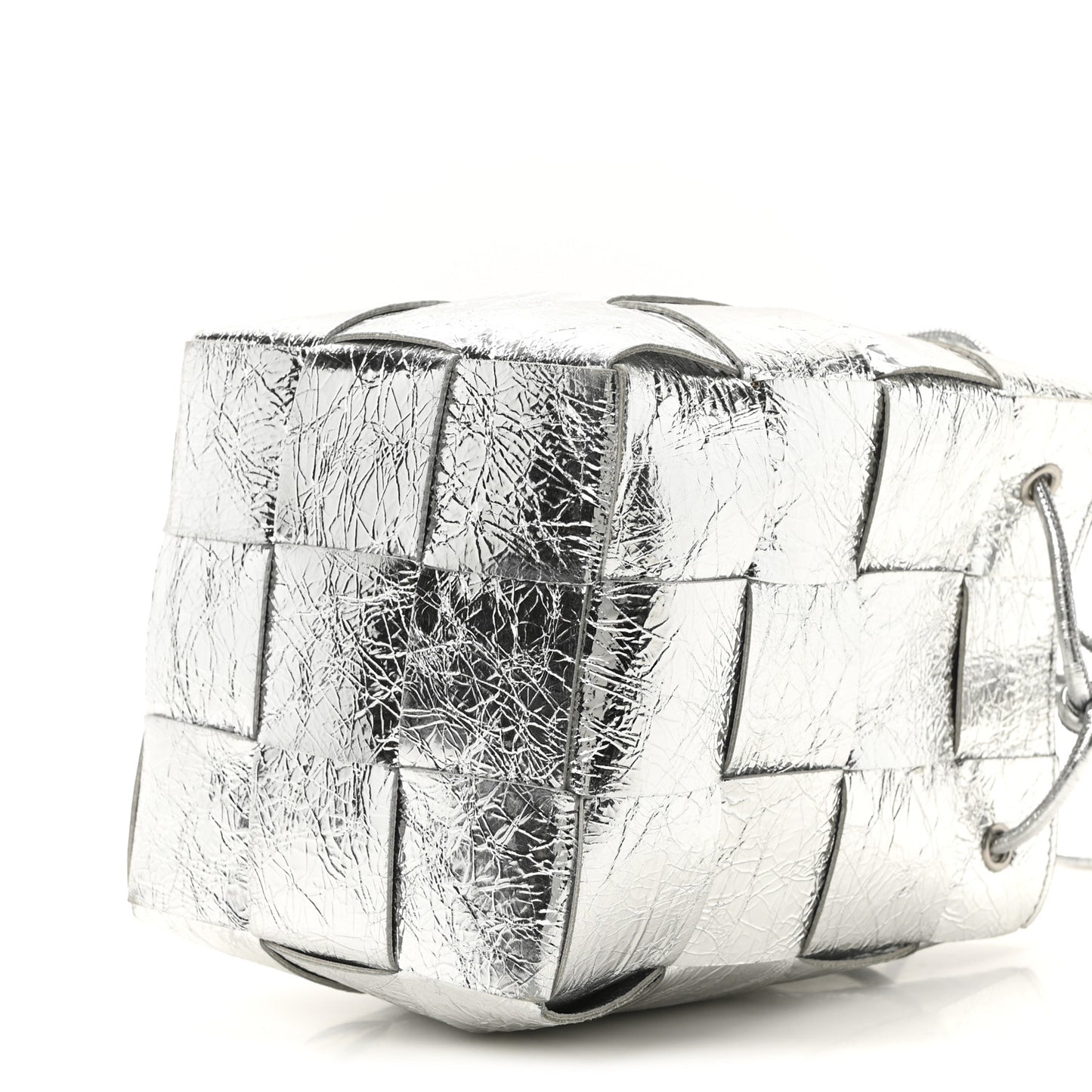Metallic Crinkled Lambskin Maxi Intrecciato Cassette Bucket Bag Silver