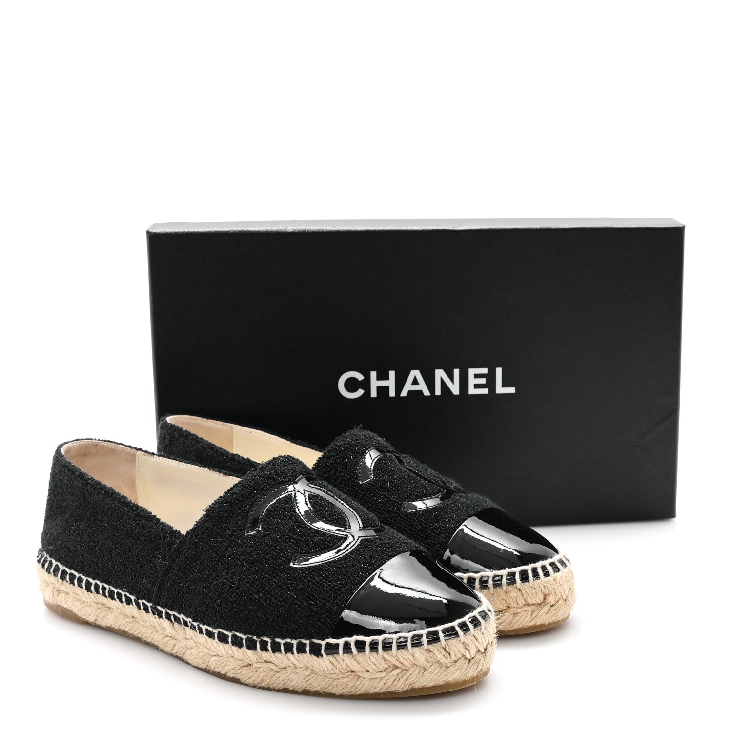 Chanel Tweed Lambskin Patent CC Espadrilles 37 Black 11 of 11