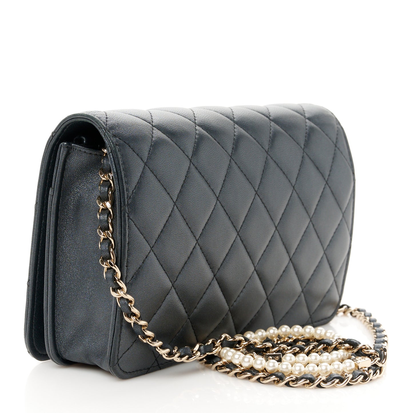 Iridescent Lambskin Quilted Pearl Wallet On Chain WOC Black