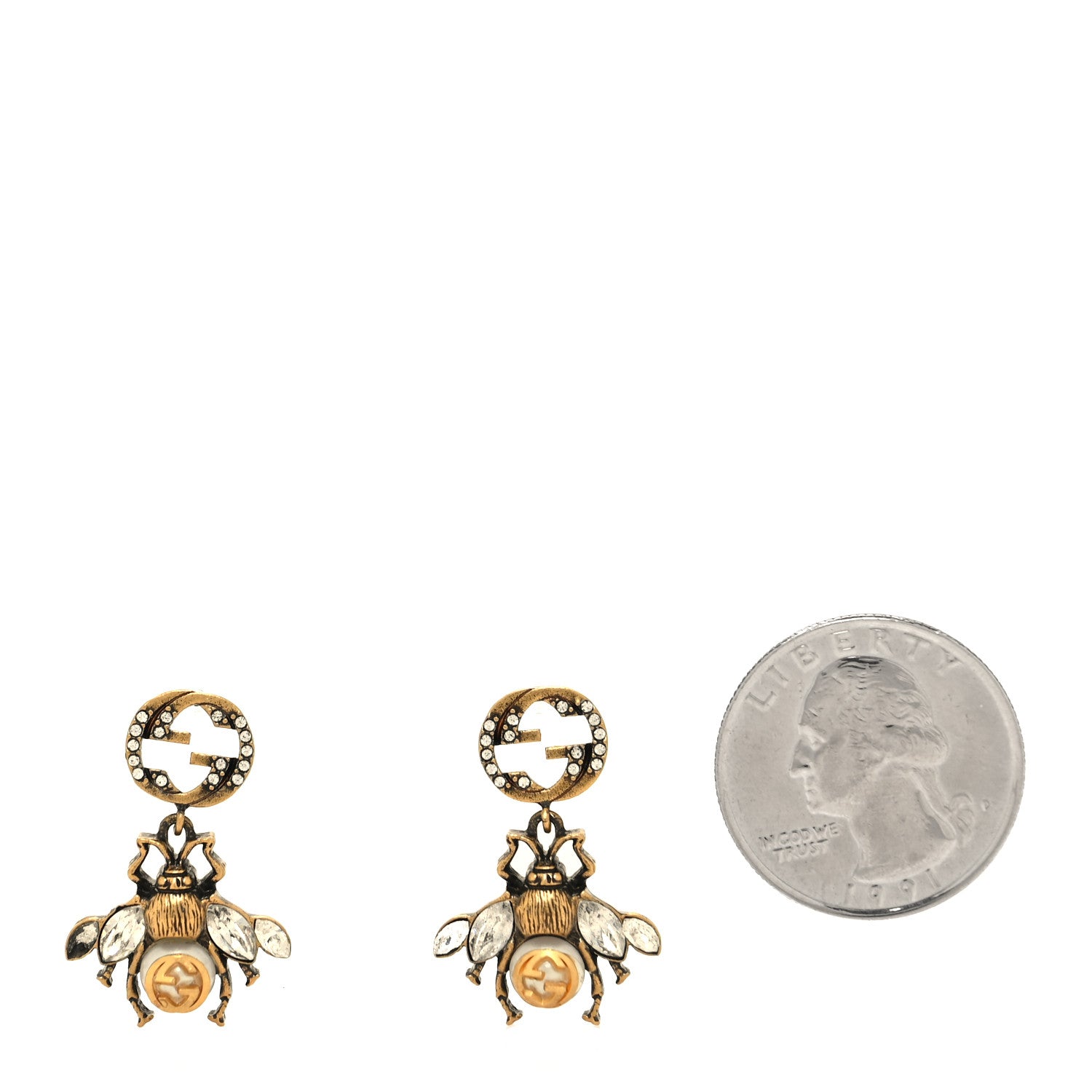 Gucci Crystal Pearl GG Drop Bee Earrings Gold 2 of 4