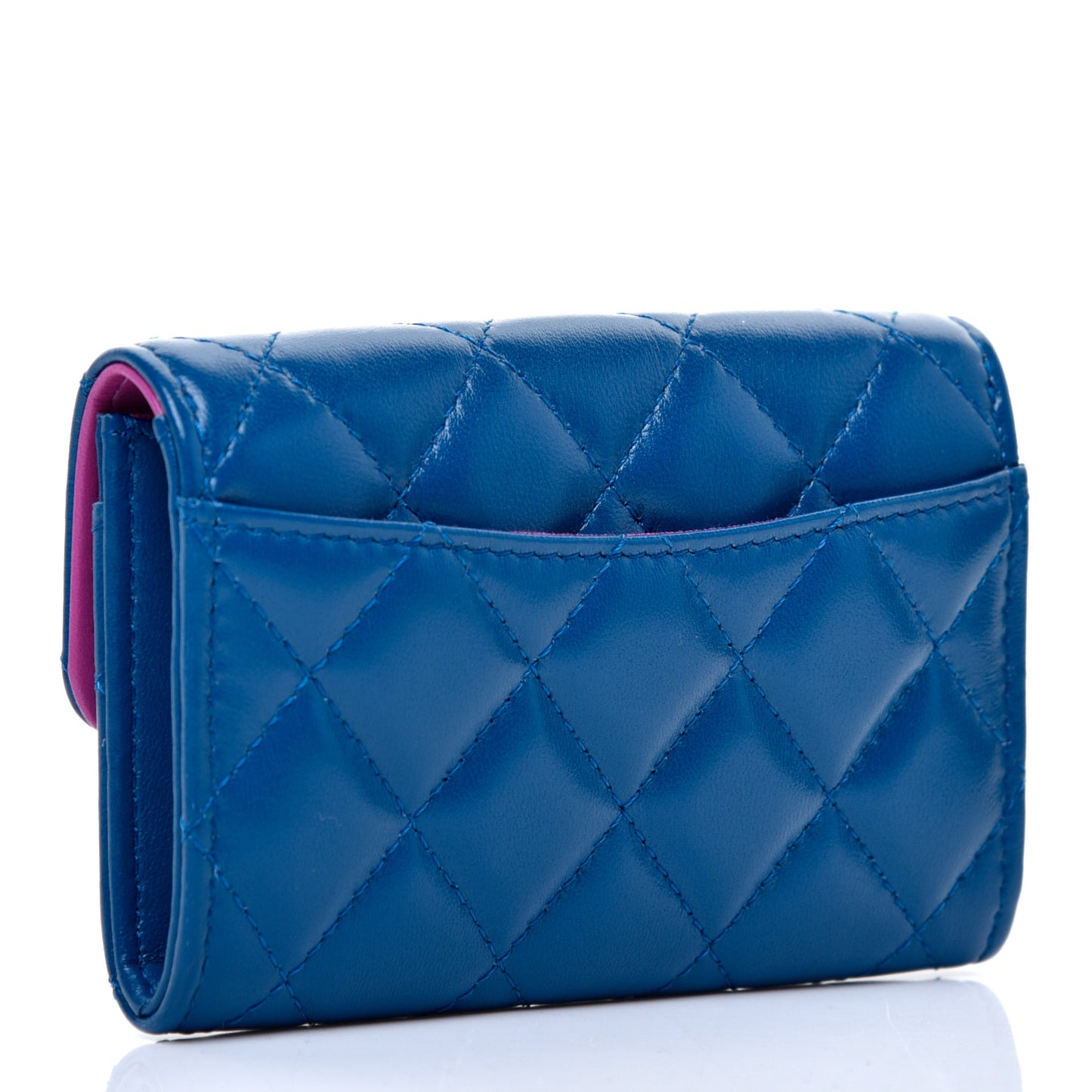 Lambskin Quilted Flap Card Holder Wallet Blue Pink