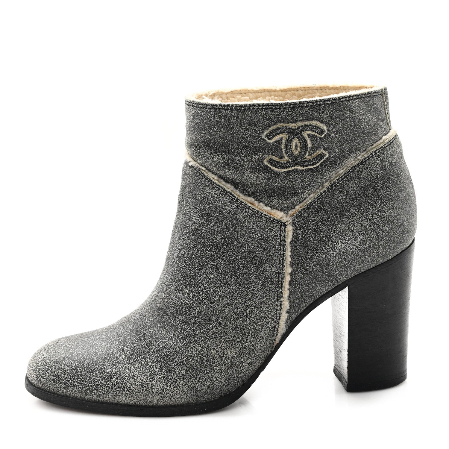 Chanel Suede Calfskin Shearling CC Ankle Boots 37 Beige 1 of 9