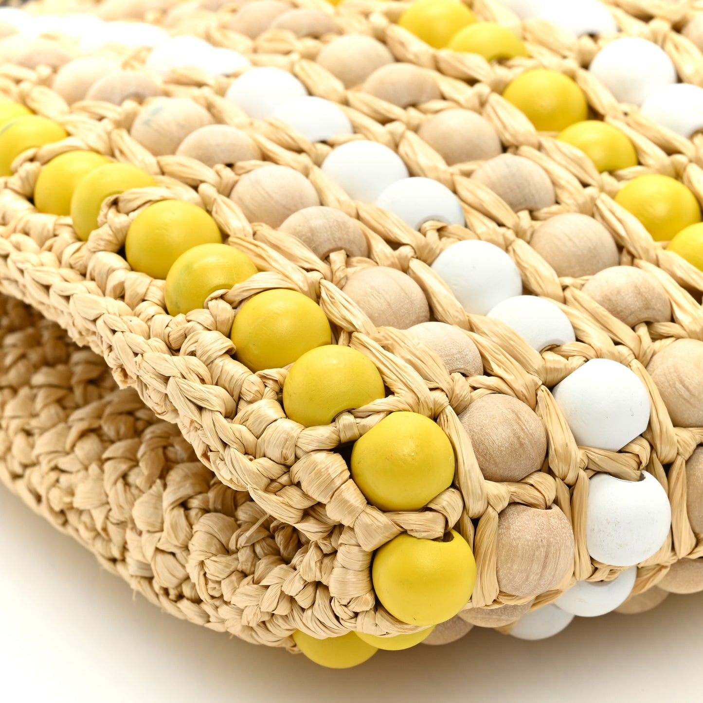 Raffia Wood Bead Embroidered Logo Tote Bag Naturale
