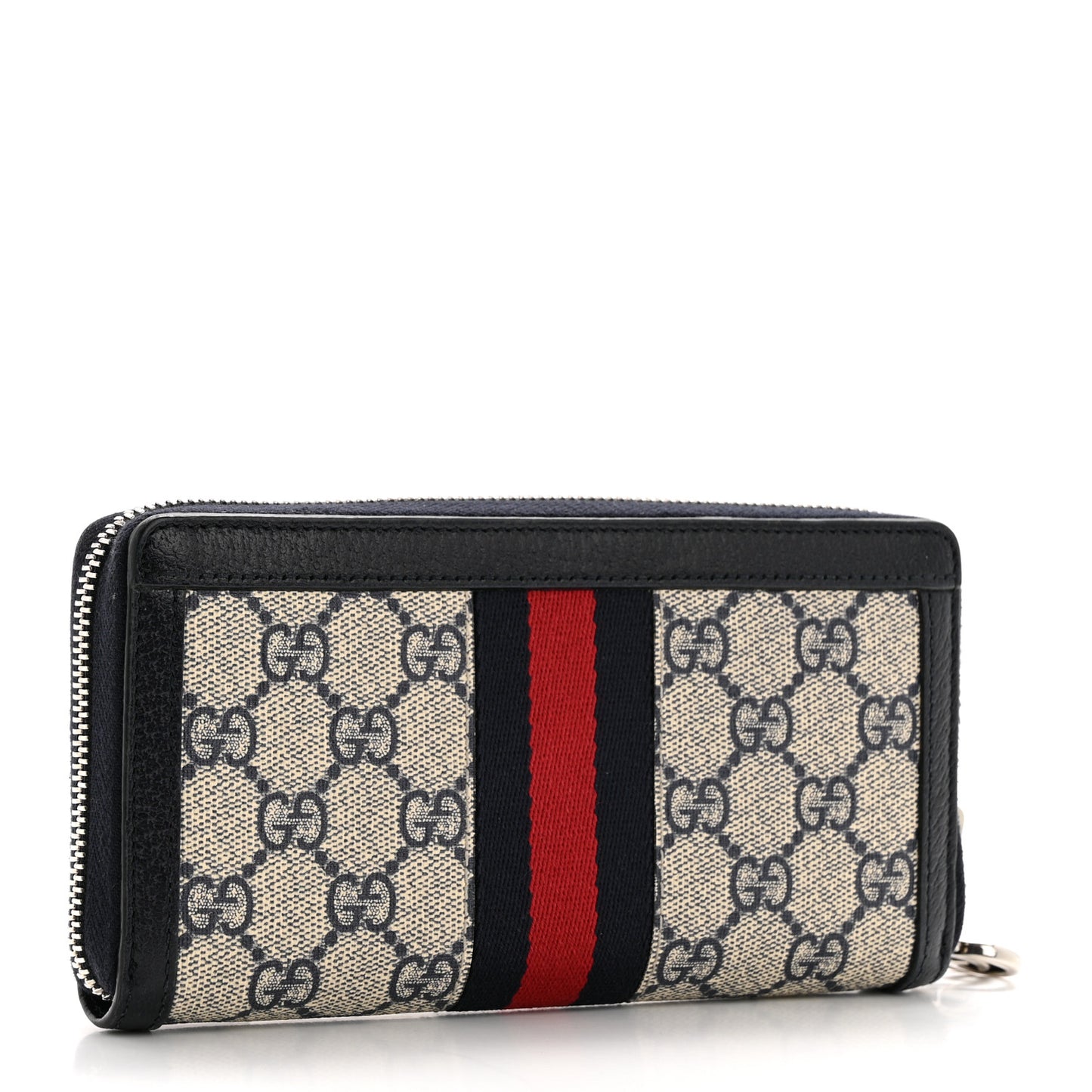 GG Supreme Monogram Textured Dollar Calfskin Web Ophidia Zip Around Wallet Beige Blue
