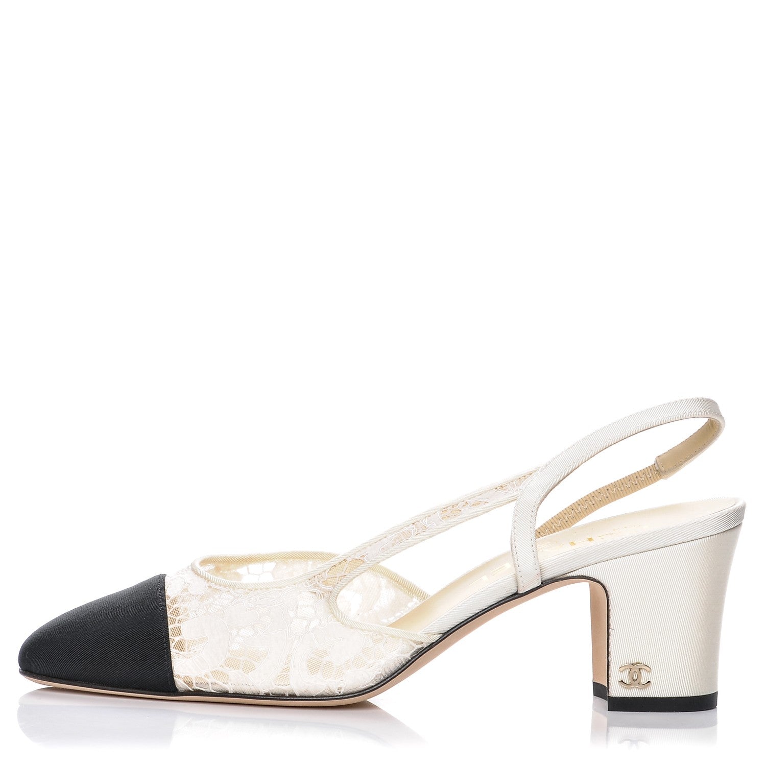 Chanel Lace Grosgrain Cap Toe CC Slingback Pumps 38.5 White Black