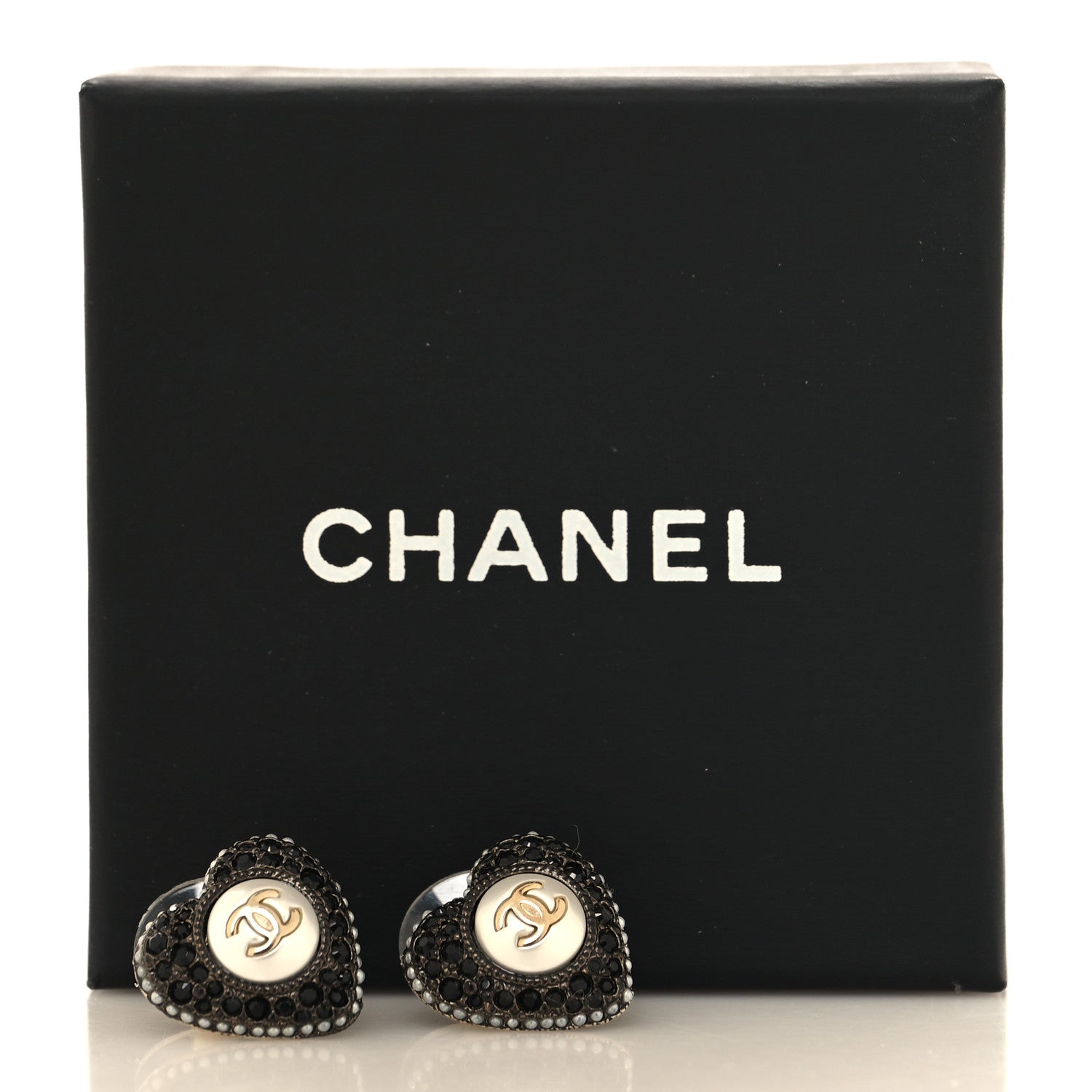 Chanel Pearl Crystal CC Heart Earrings Gold Black 5 of 5