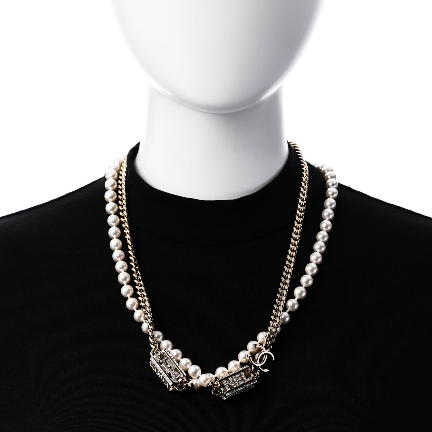 Pearl Crystal CC Long Chain Necklace Gold
