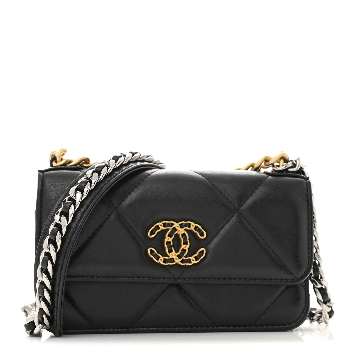 Lambskin Quilted Chanel 19 Flap Phone Holder With Chain Black