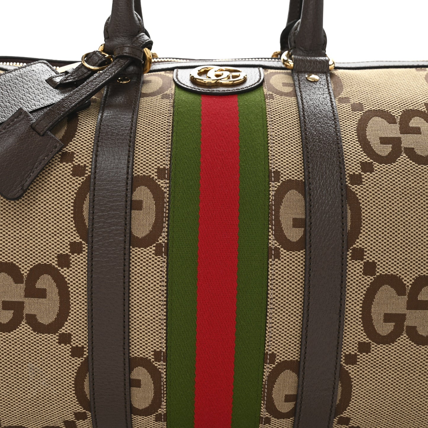Monogram Jumbo GG Textured Dollar Calfskin Web Medium Duffle Bag Camel Ebony