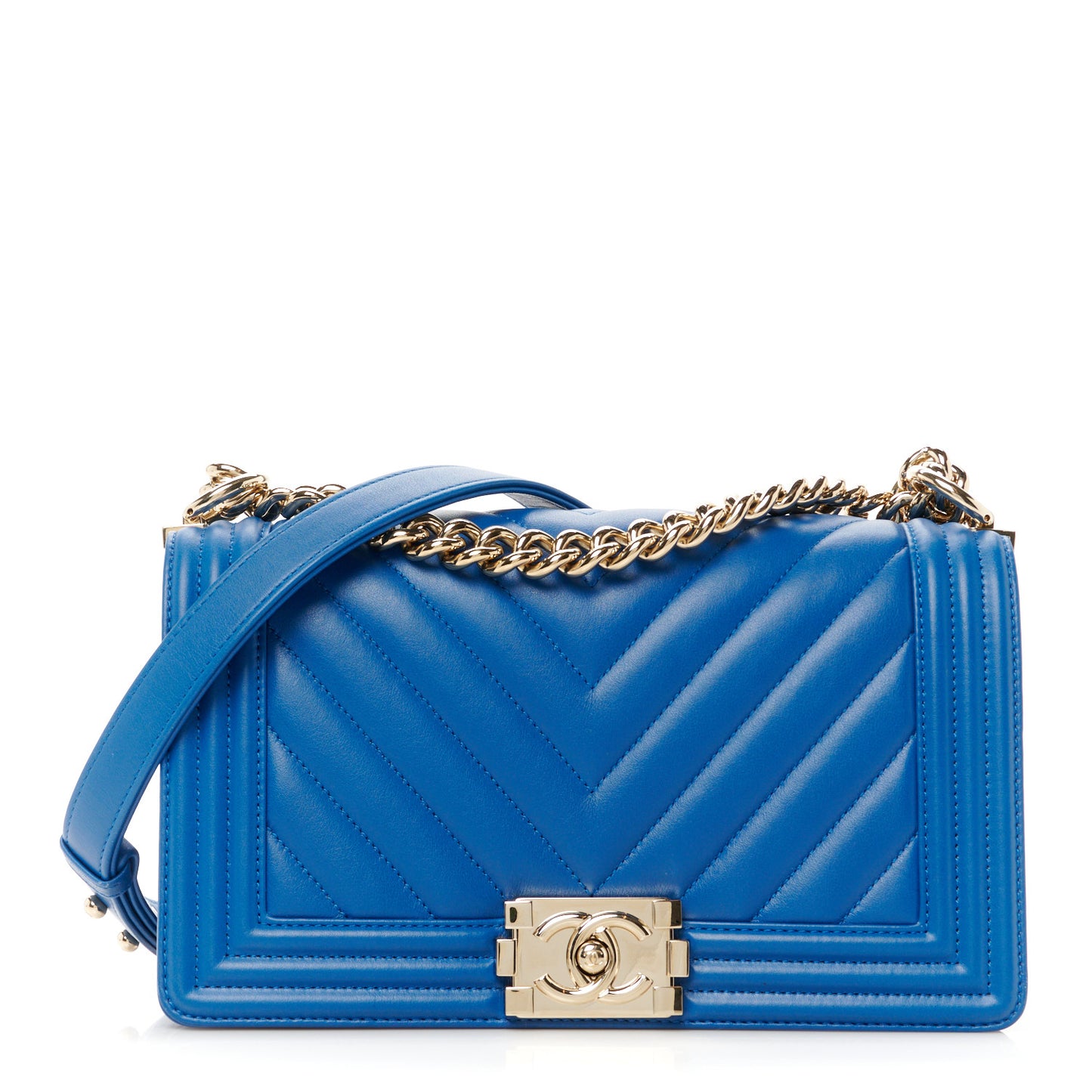 Calfskin Chevron Quilted Medium Boy Flap Blue