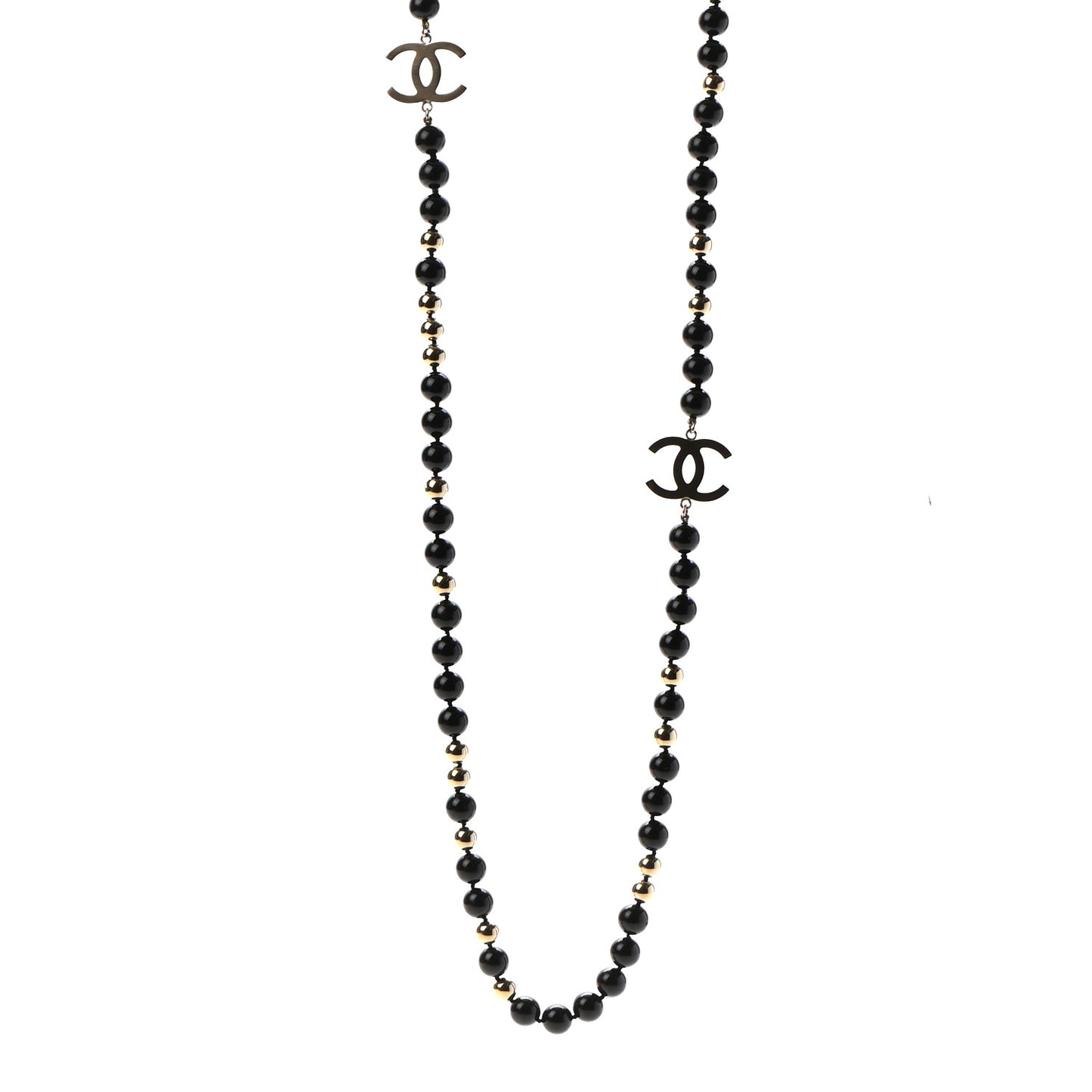 Beaded CC Long Necklace Black Gold