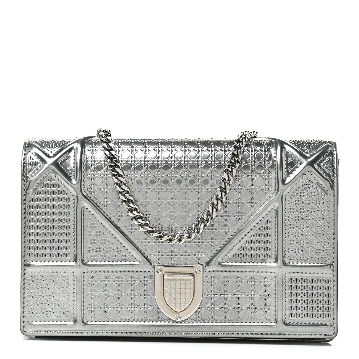 Metallic Patent Micro-Cannage Diorama Wallet on Chain Pouch Silver
