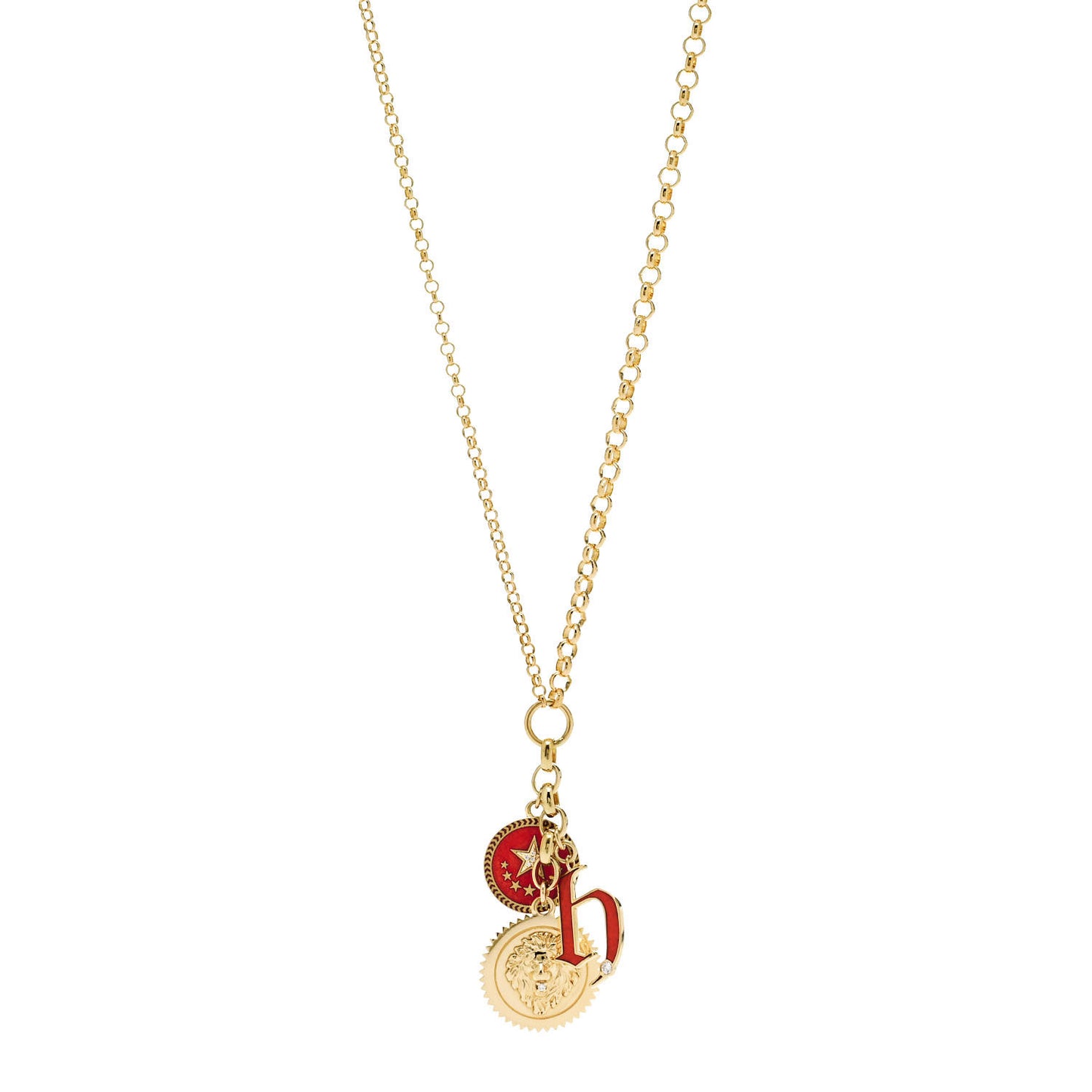 18K Yellow Gold Enamel Medium Strength Petite Champlevé Star Medallion Initial Mixed Belcher Extension Chain Necklace