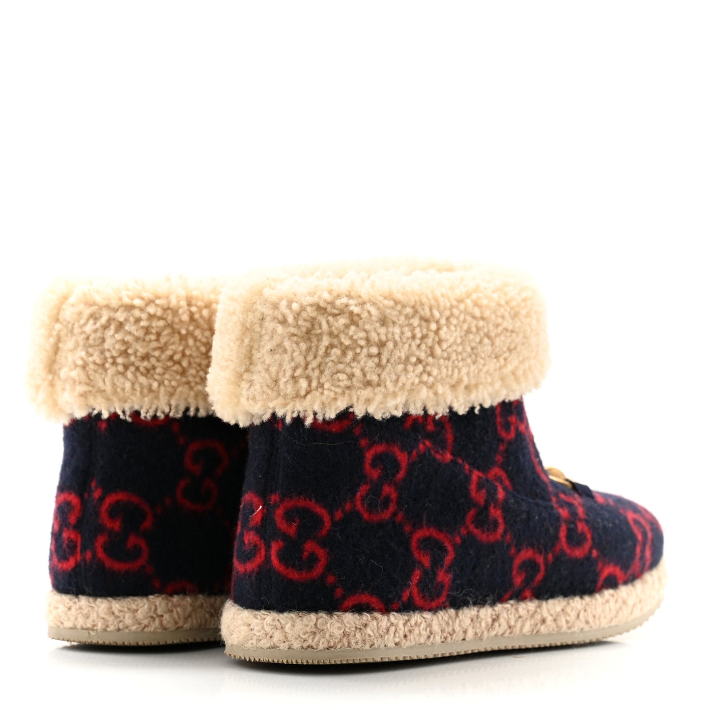 Covered Wool GG Monogram Womens Fria Horsebit Ankle Boots 35.5 Blue Red Butterscotch