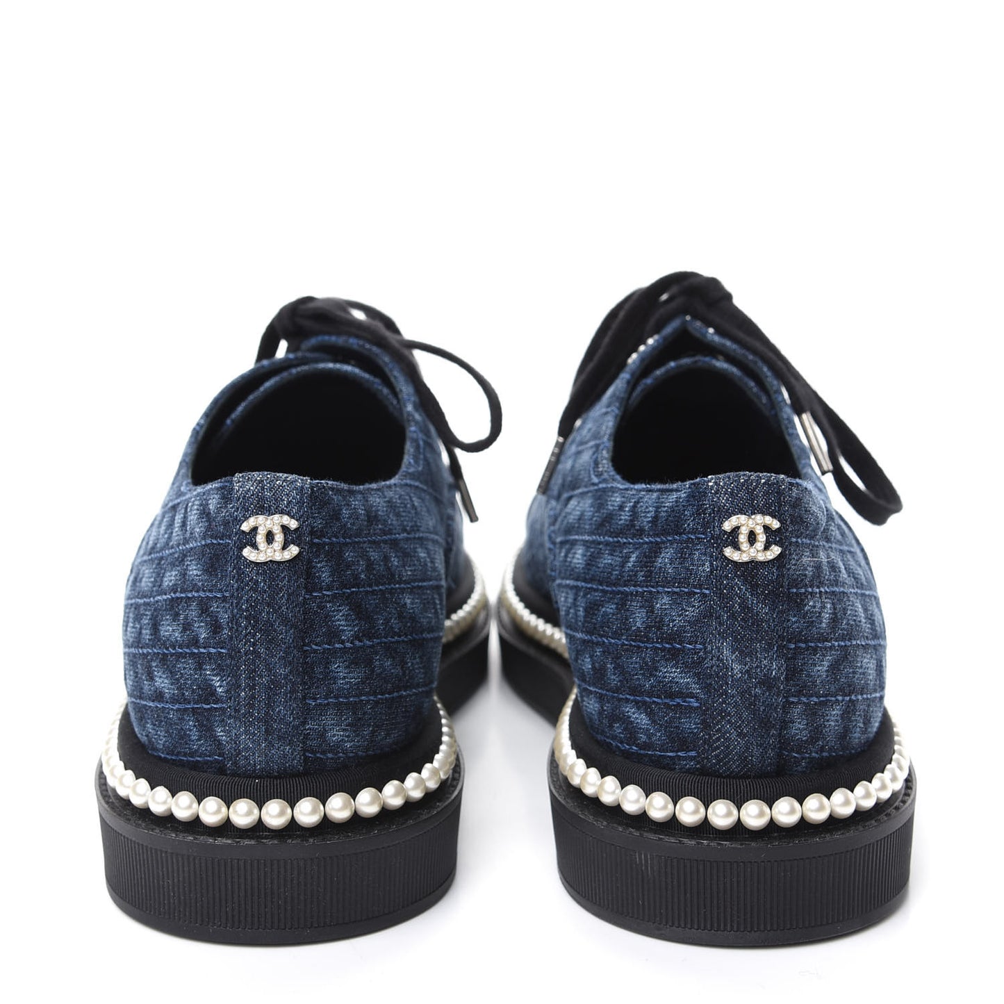 Denim Grosgrain Camellia Pearl Lace Up Sneakers 38.5 Blue Black
