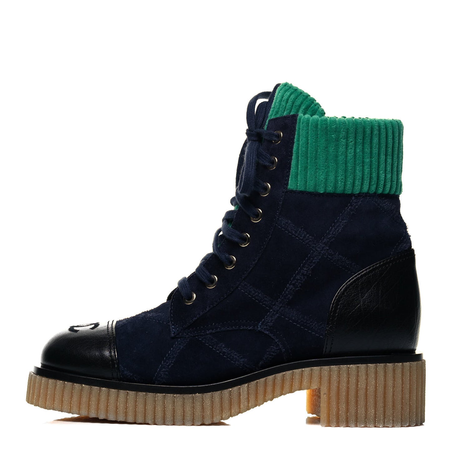 Suede Calfskin Velvet Quilted CC Combat Boots 38 Navy Green Black