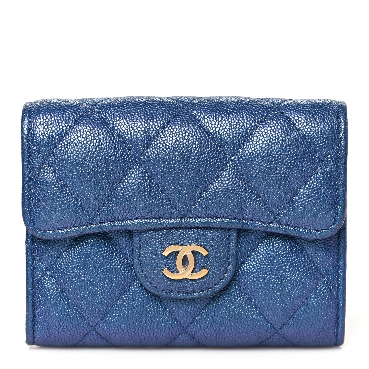 Iridescent Caviar Flap Quilted Card Holder Wallet Dark Blue