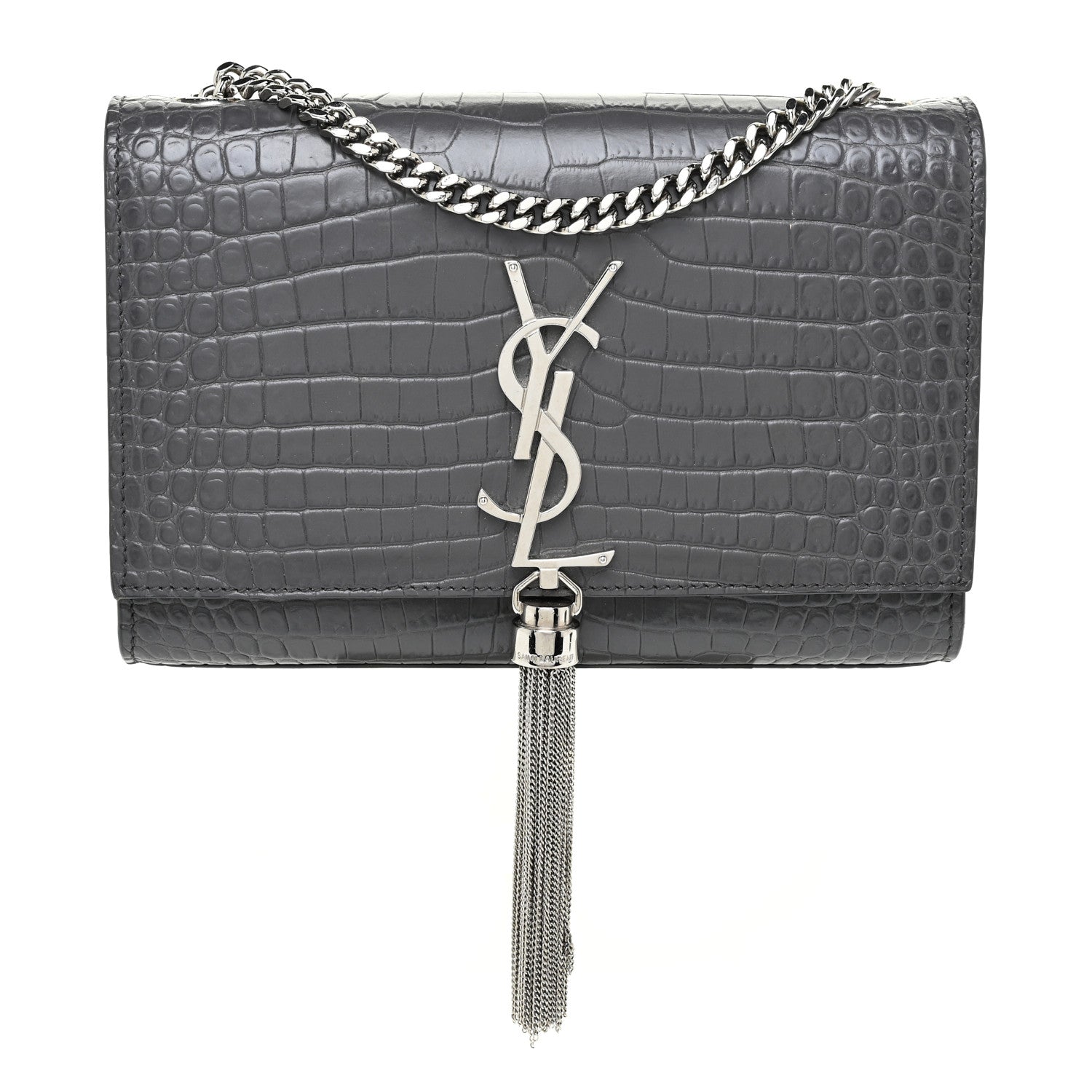 Saint Laurent Calfskin Crocodile Embossed Medium Classic Monogram Kate Tassel Satchel Dark Grey 1 of 11