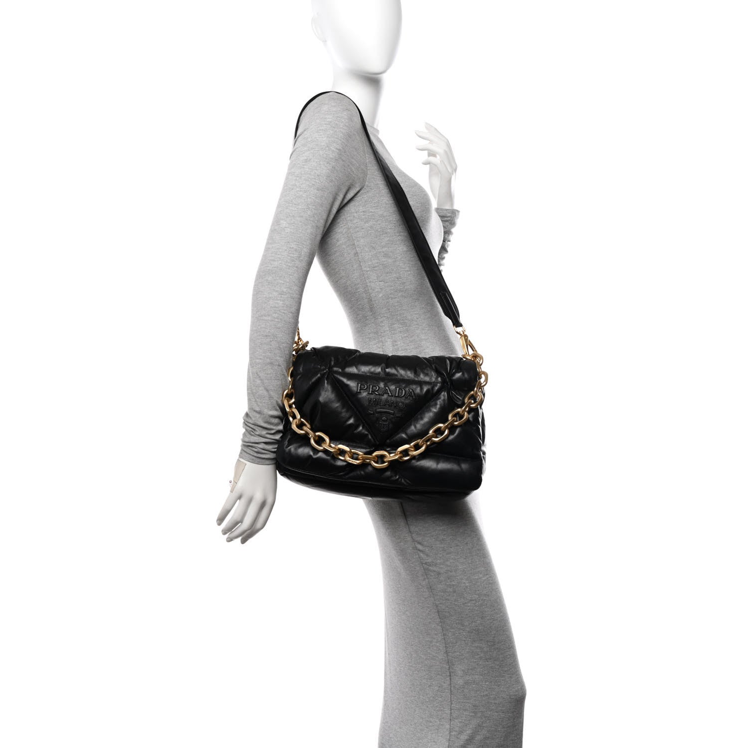 Prada Nappa Soft Padded Logo Embossed Triangle Quilted Shoulder Bag Black 2 of 10