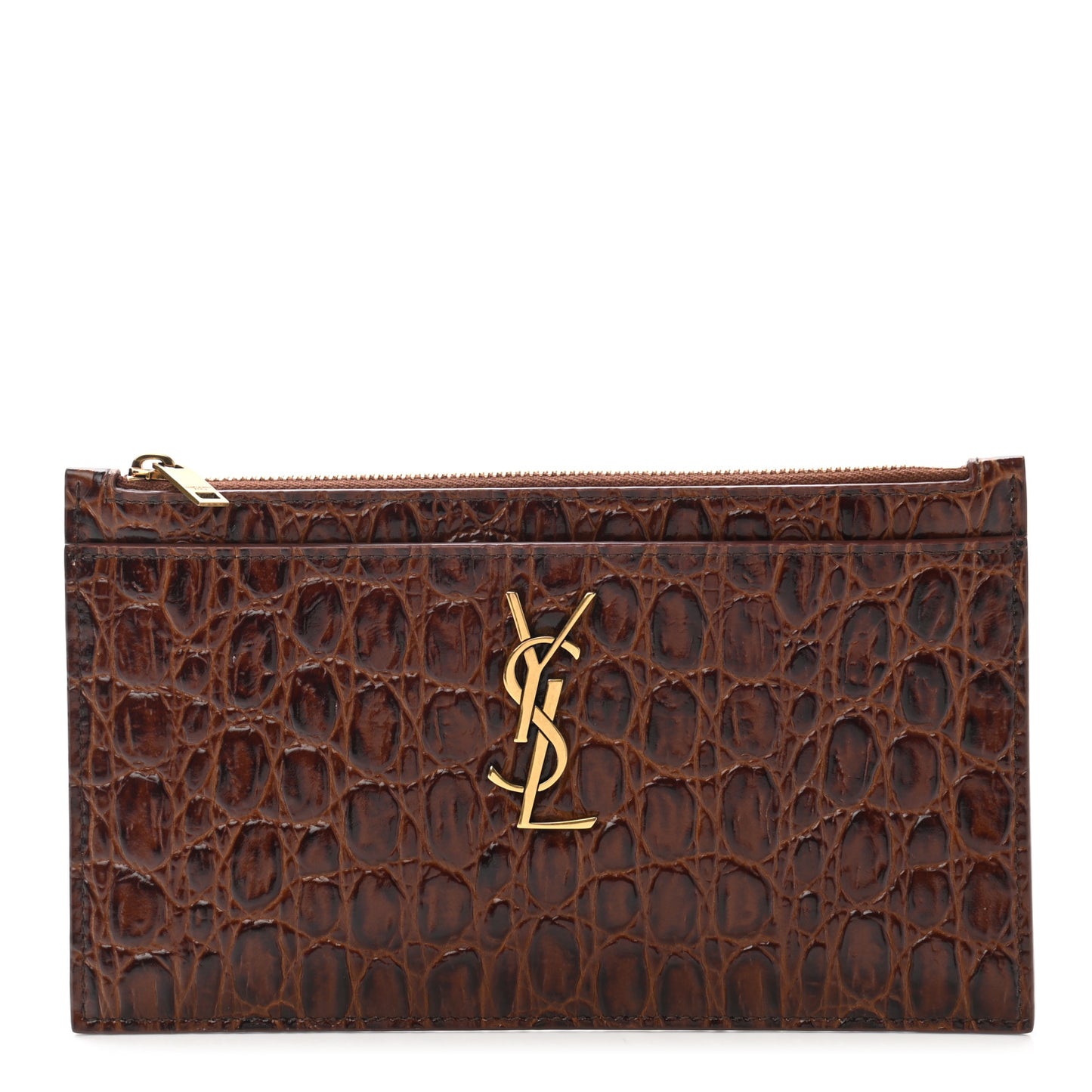 Crocodile Embossed Calfskin Monogram Zip Bill Pouch Pecan