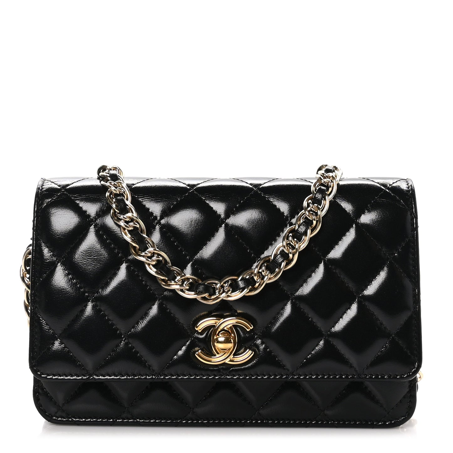 Shiny Lambskin Quilted Golden Links Wallet On Chain WOC Black