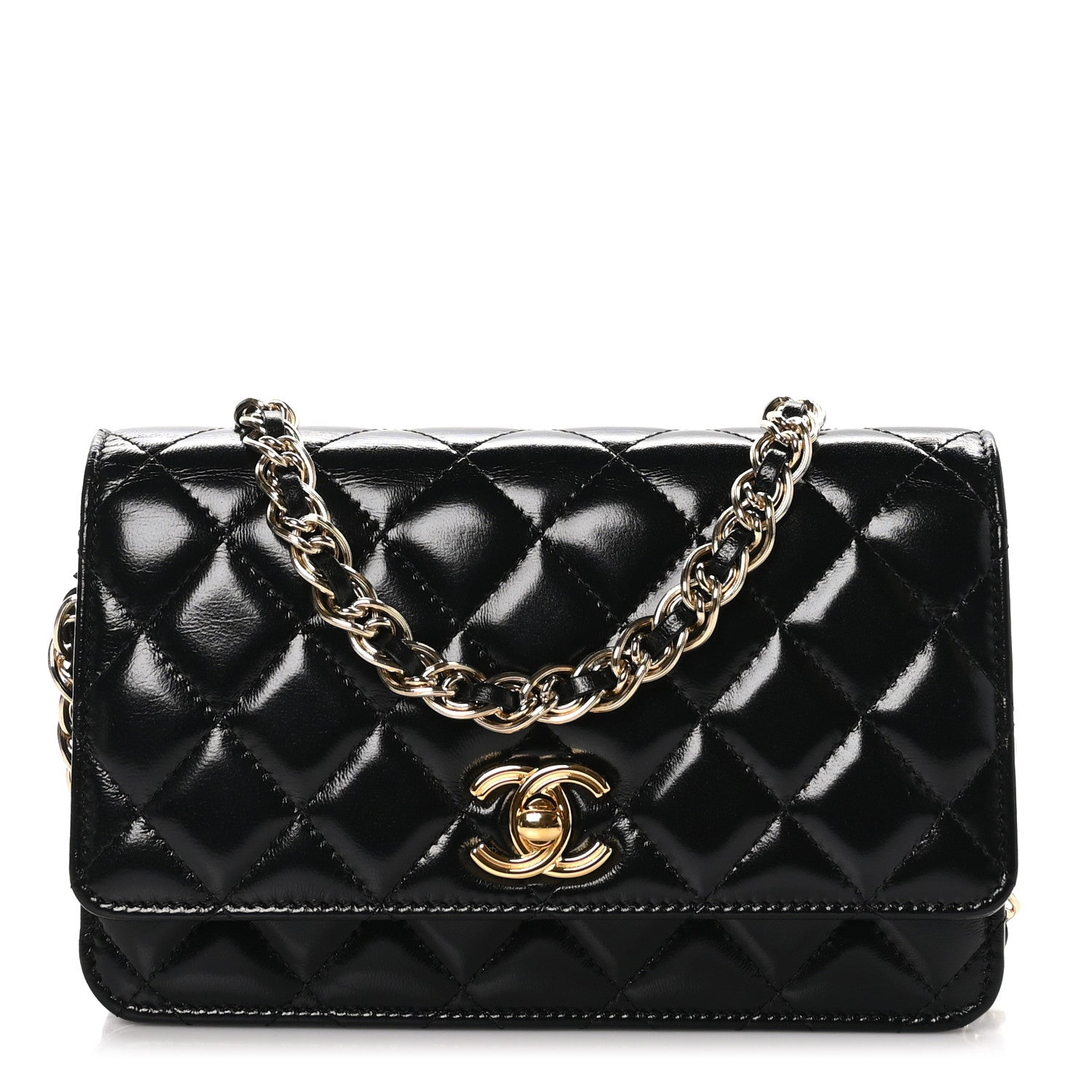 Chanel Shiny Lambskin Quilted Golden Links Wallet On Chain WOC Black 1 of 11