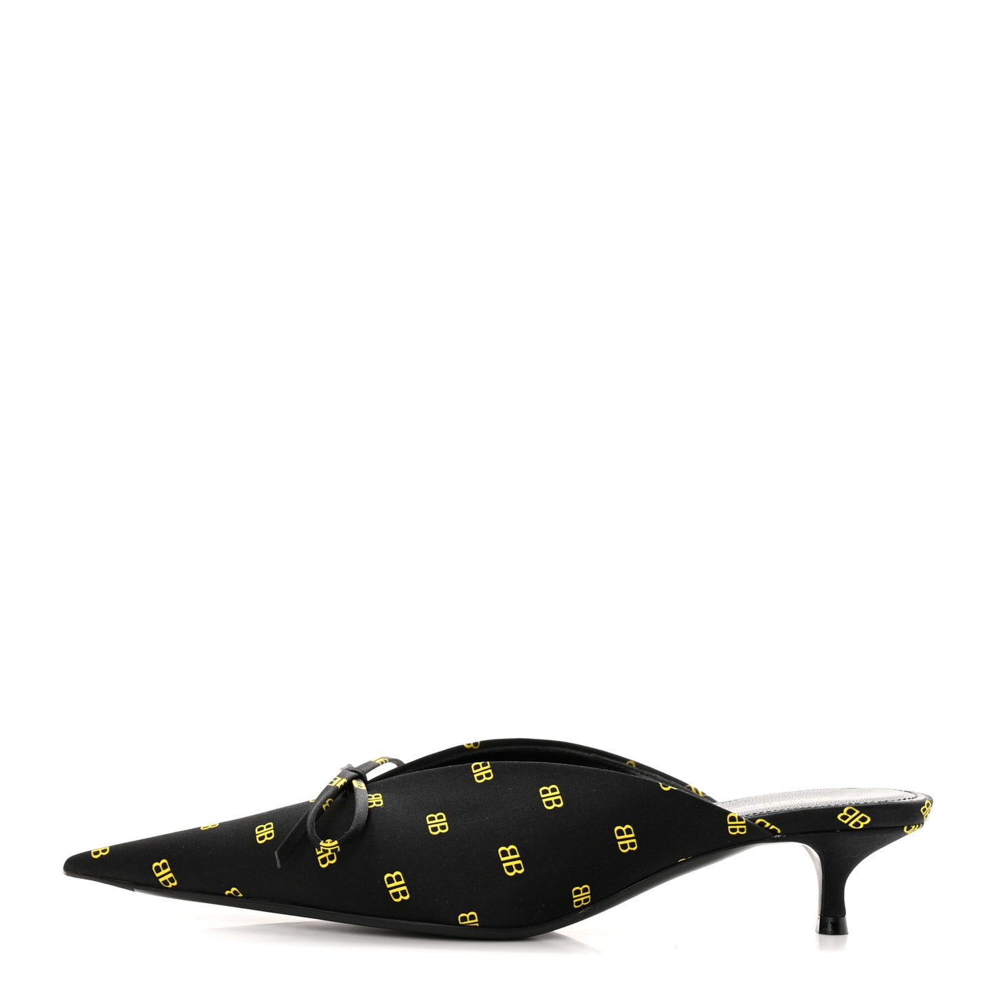 Crepe Satin BB Printed Pointy Toe Knife Flat 40mm Mules 36 Black Yellow Fluo