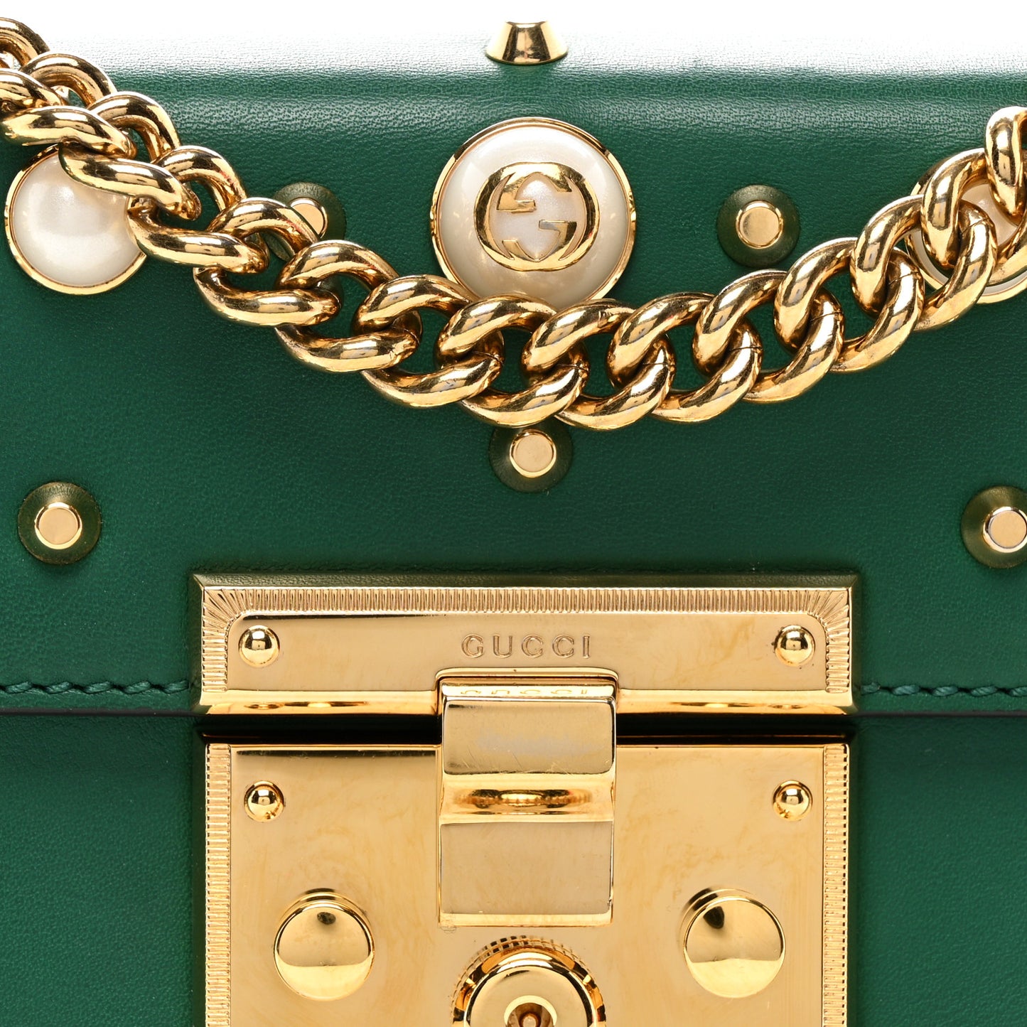 Calfskin Studded Small Padlock Shoulder Bag Emerald