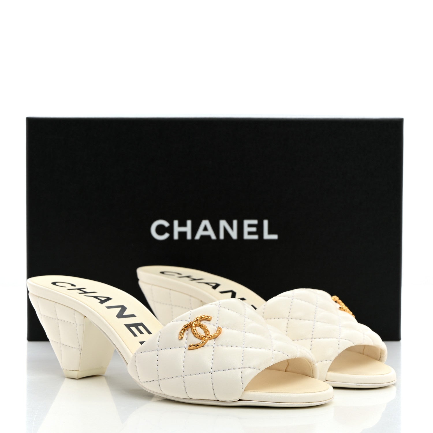 Chanel Lambskin Quilted Textured CC Mules 37 White 9 of 9