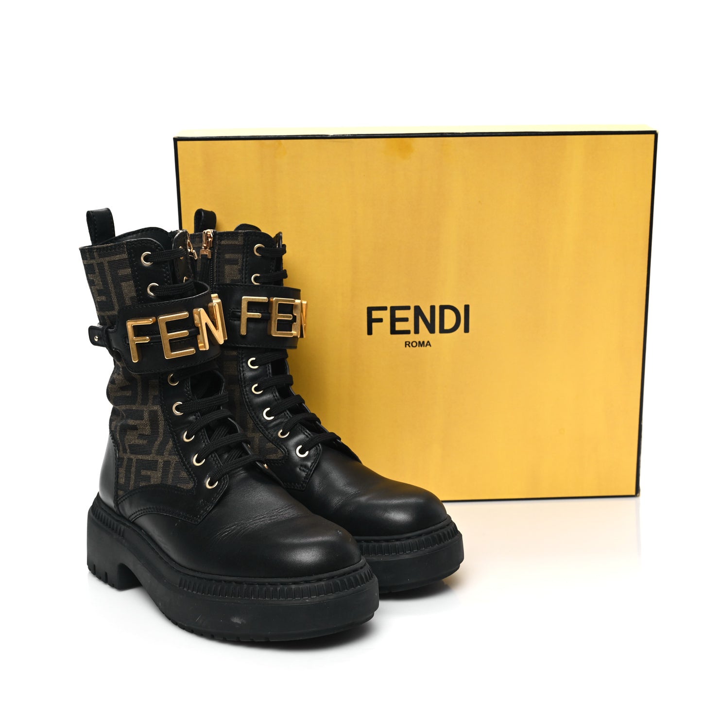 Vitello Fabric Jacquard FF Fendigraphy 50mm Biker Boots 39 Black Tobacco