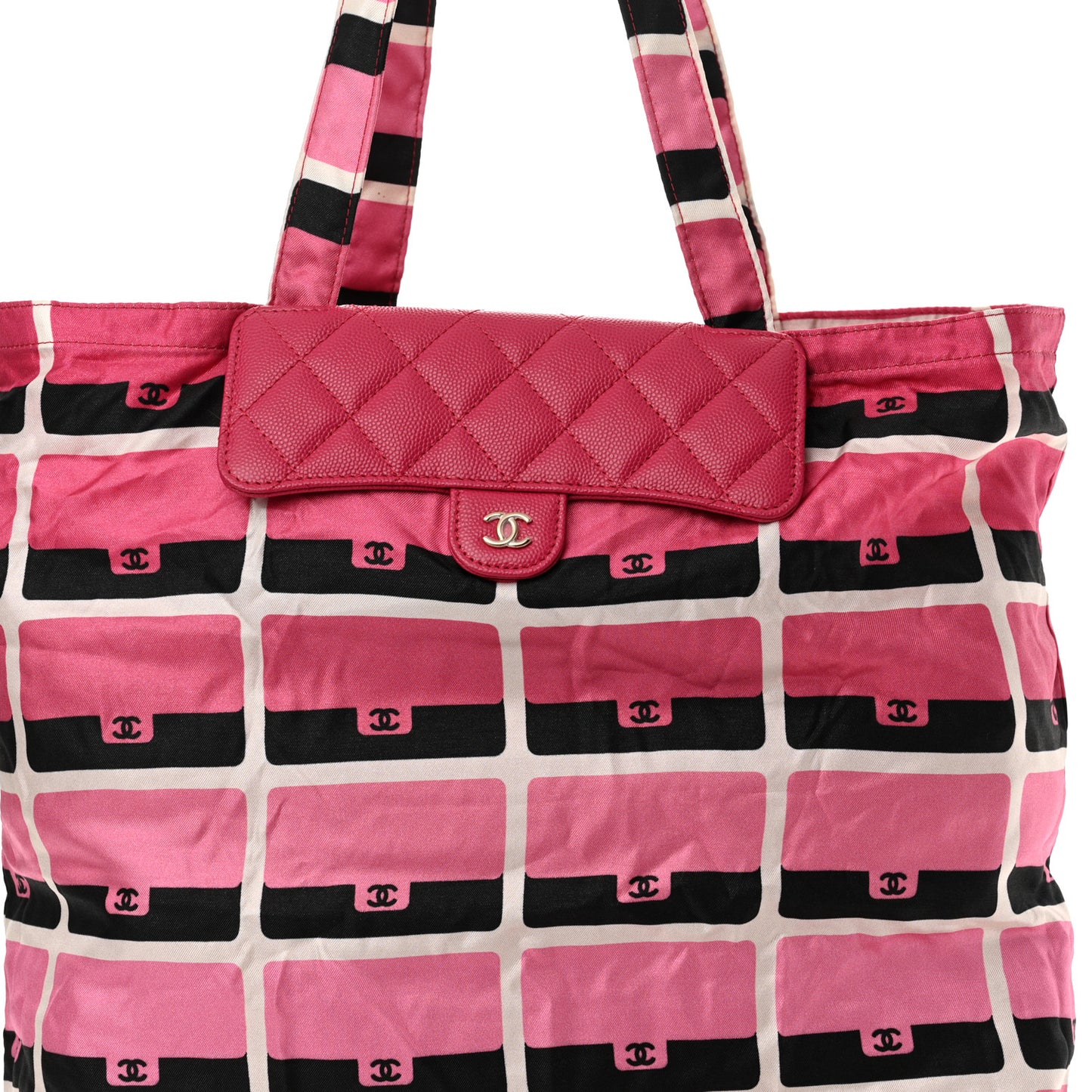 Caviar Fabric Quilted Foldable Tote With Chain Pink Multicolor