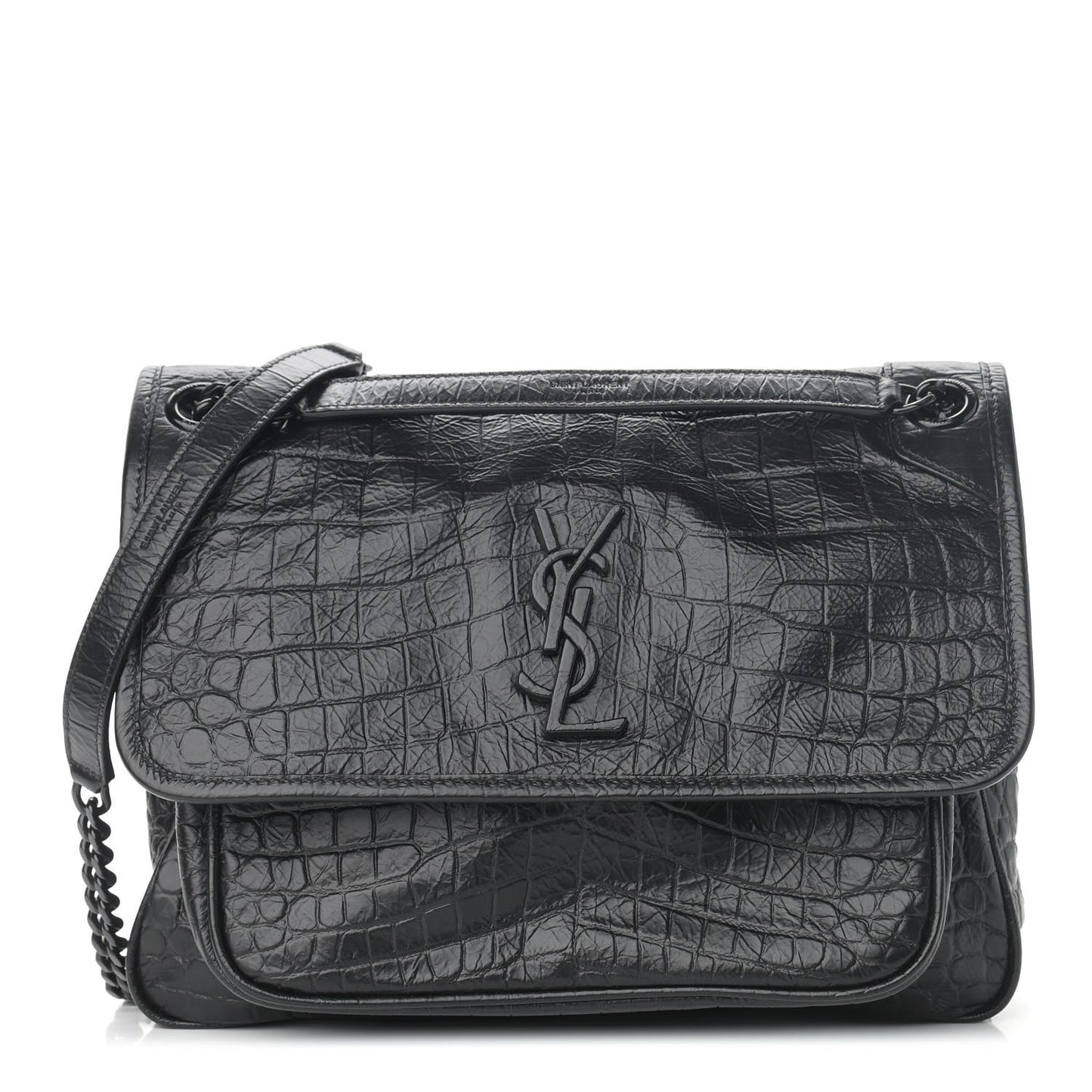 Crocodile Embossed Lambskin Monogram Medium Niki Chain Satchel Black